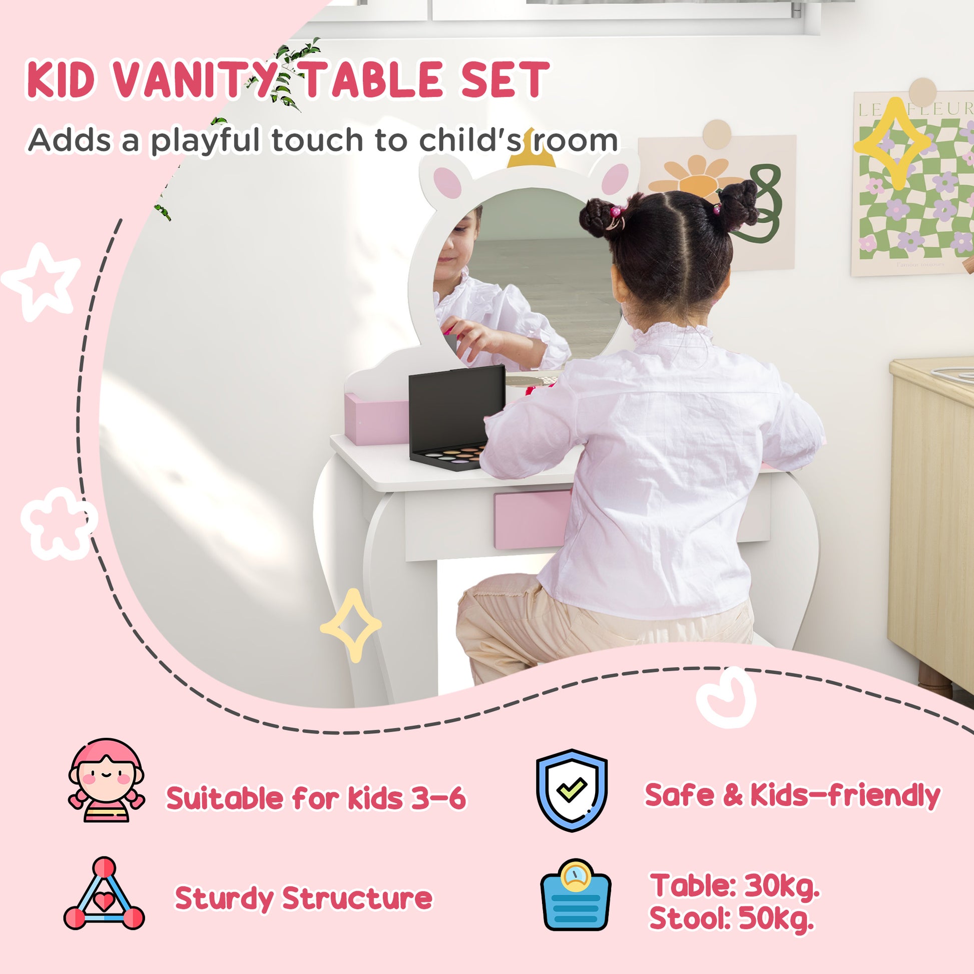UnicornDesign Kids Dressing Table Mirror Stool White - Zonekiz image 3