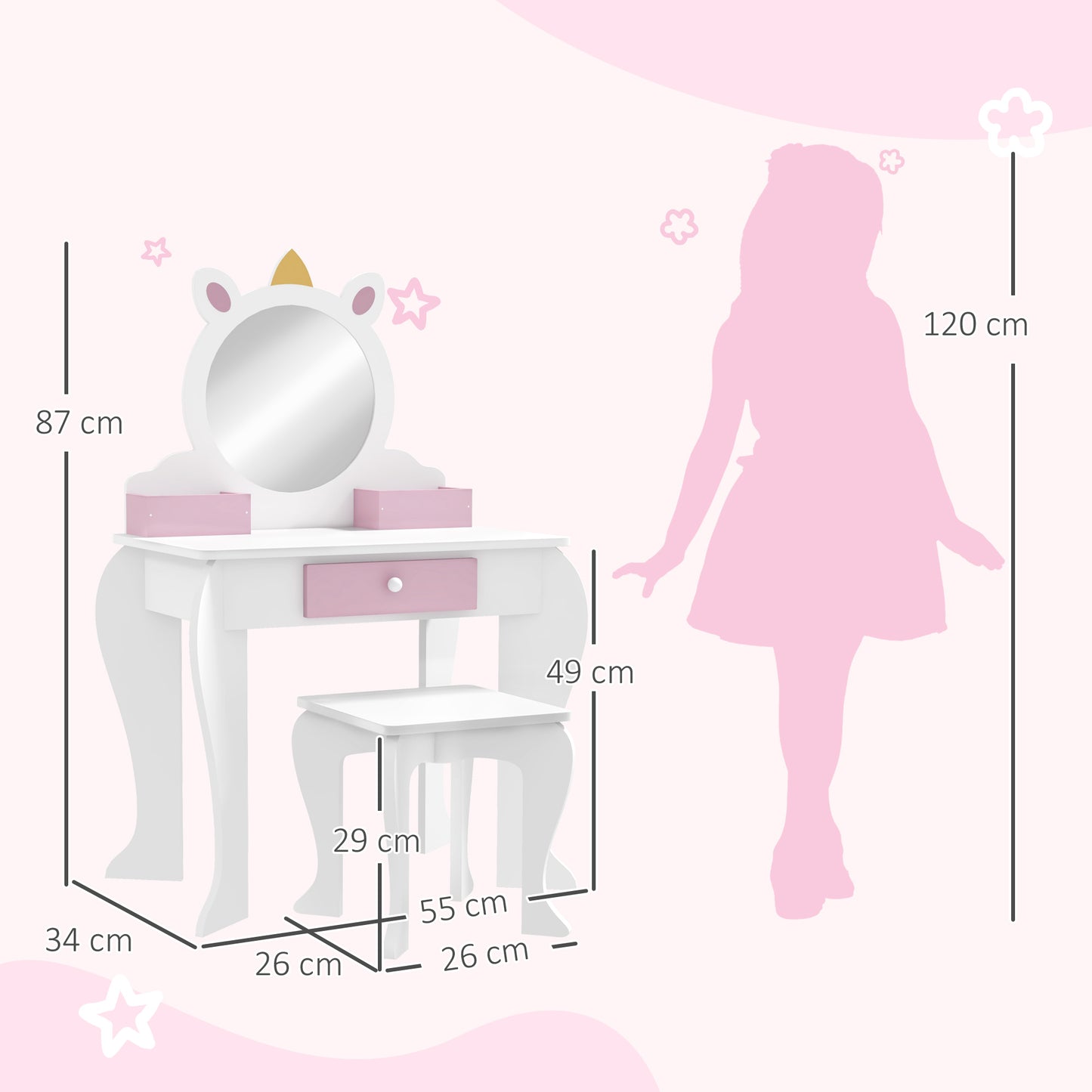 UnicornDesign Kids Dressing Table Mirror Stool White - Zonekiz image 2