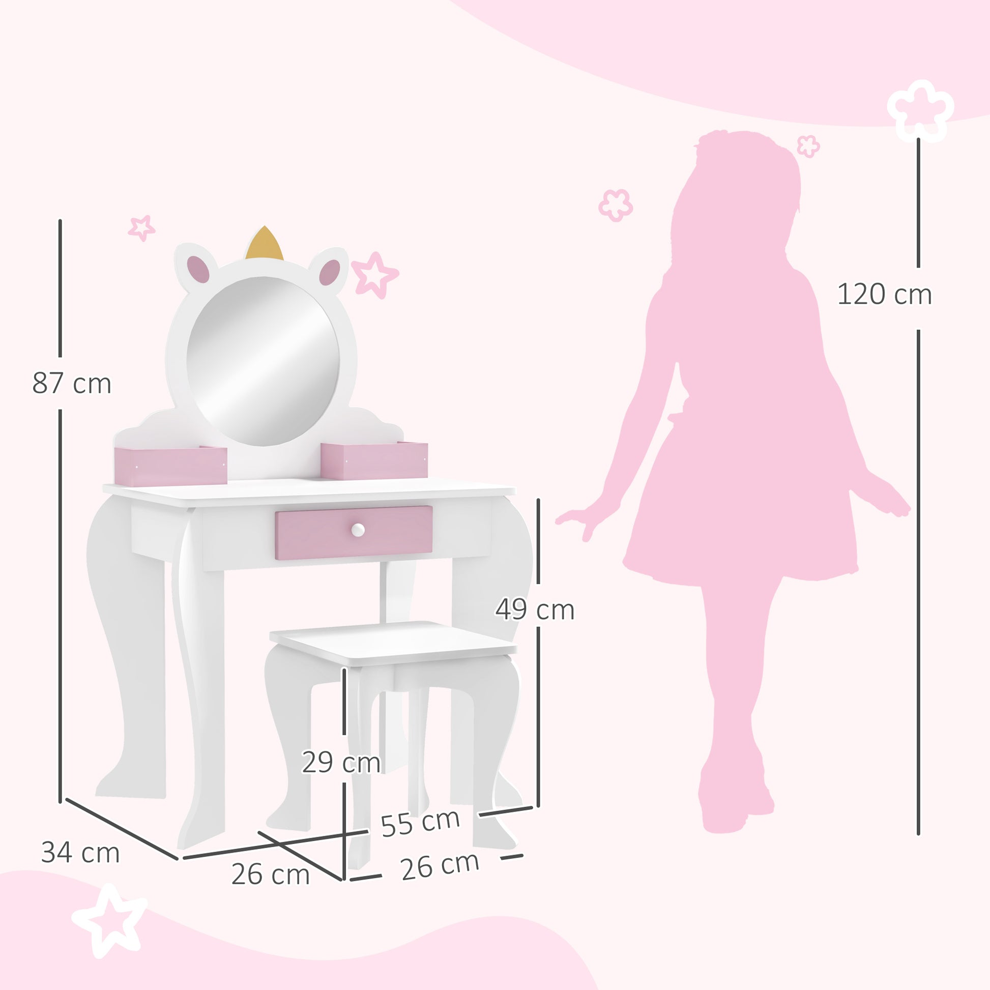 UnicornDesign Kids Dressing Table Mirror Stool White - Zonekiz image 2
