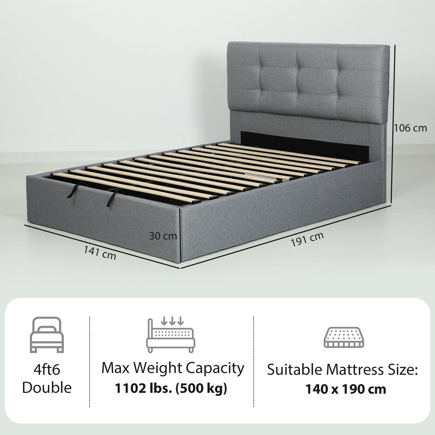 4ft 6" Double Ottoman Bed Gas Lift Storage Grey - Homcom image 2