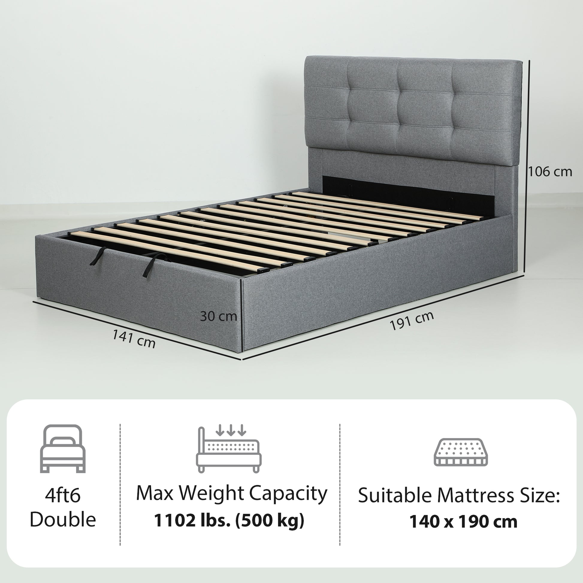 4ft 6" Double Ottoman Bed Gas Lift Storage Grey - Homcom image 2