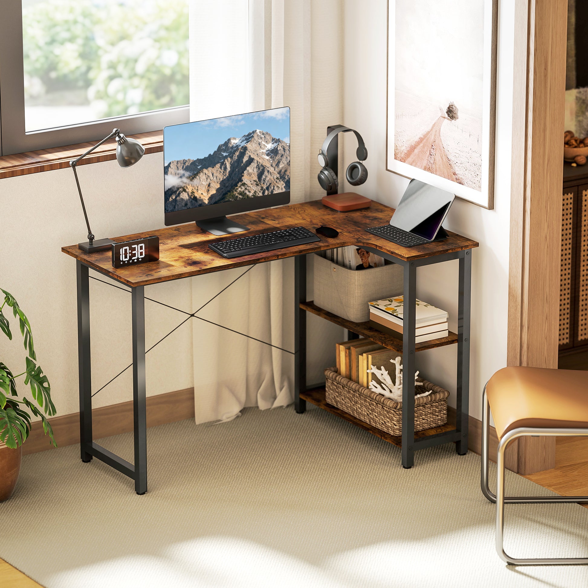 L Shaped Corner Computer Desk with Bookshelf, 120 x 73.2 x 75cm - Rustic Brown - HOMCOM image 1