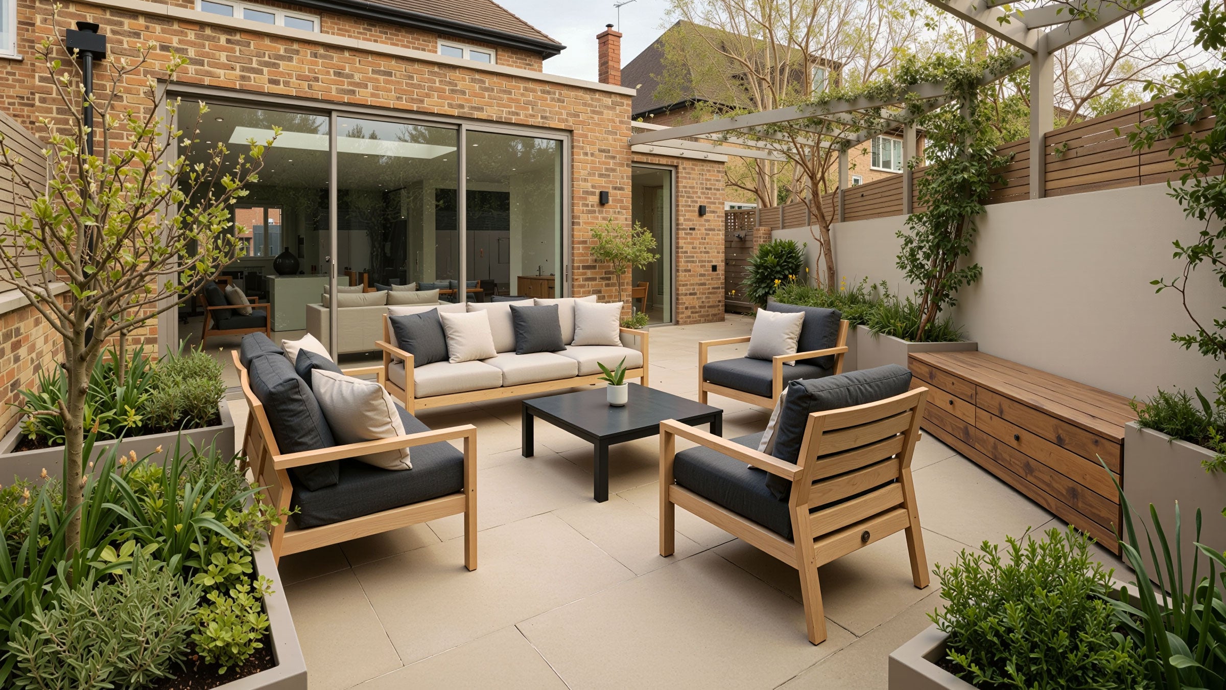 Outdoor patio area with wooden furniture and plants