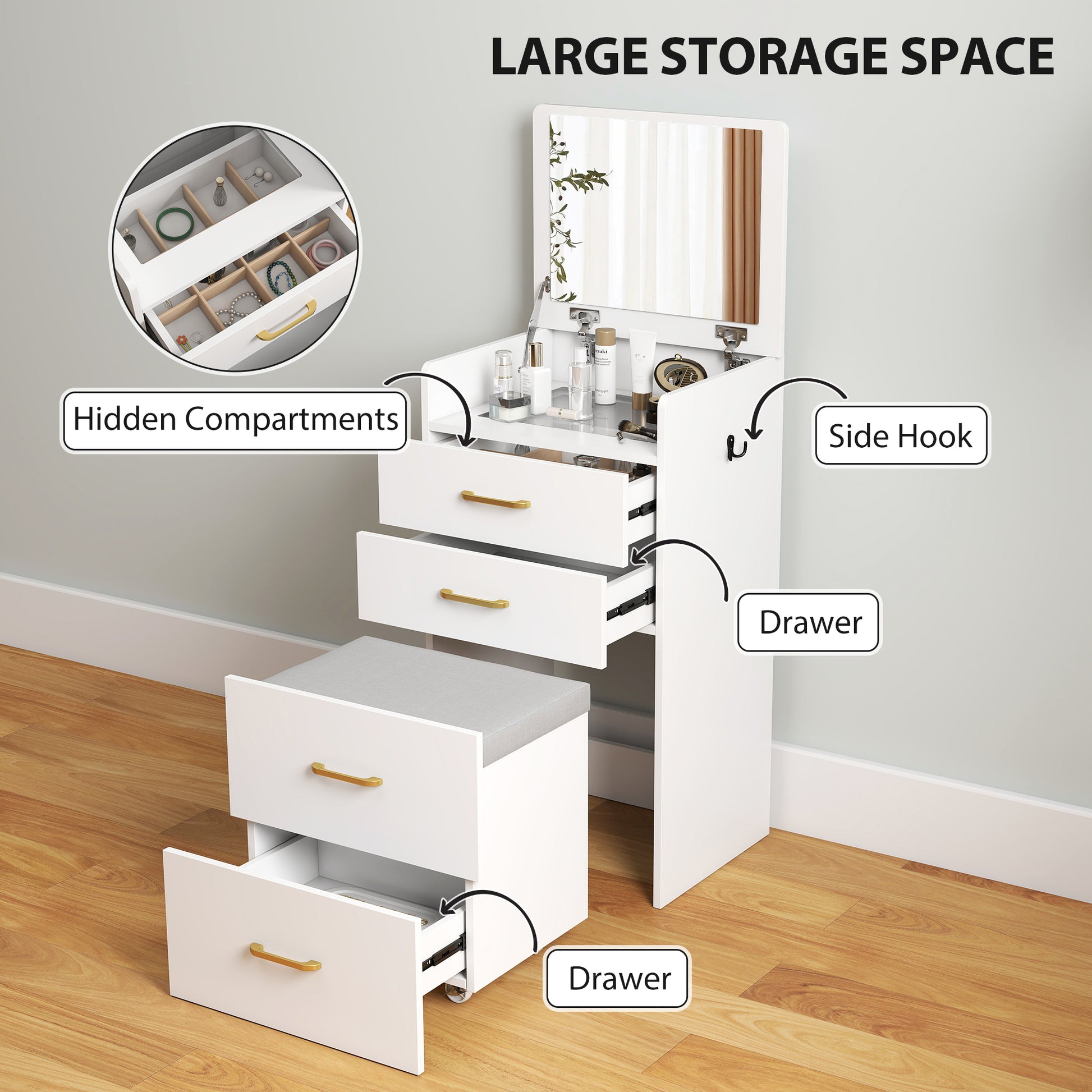 3 in 1 Dressing Table Fliptop Mirror Rolling Stool White - Homcom image 5
