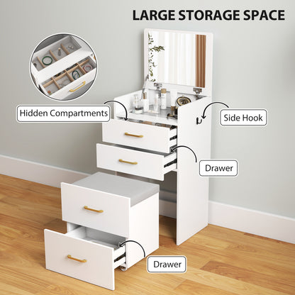 3 in 1 Dressing Table Fliptop Mirror Rolling Stool White - Homcom image 5