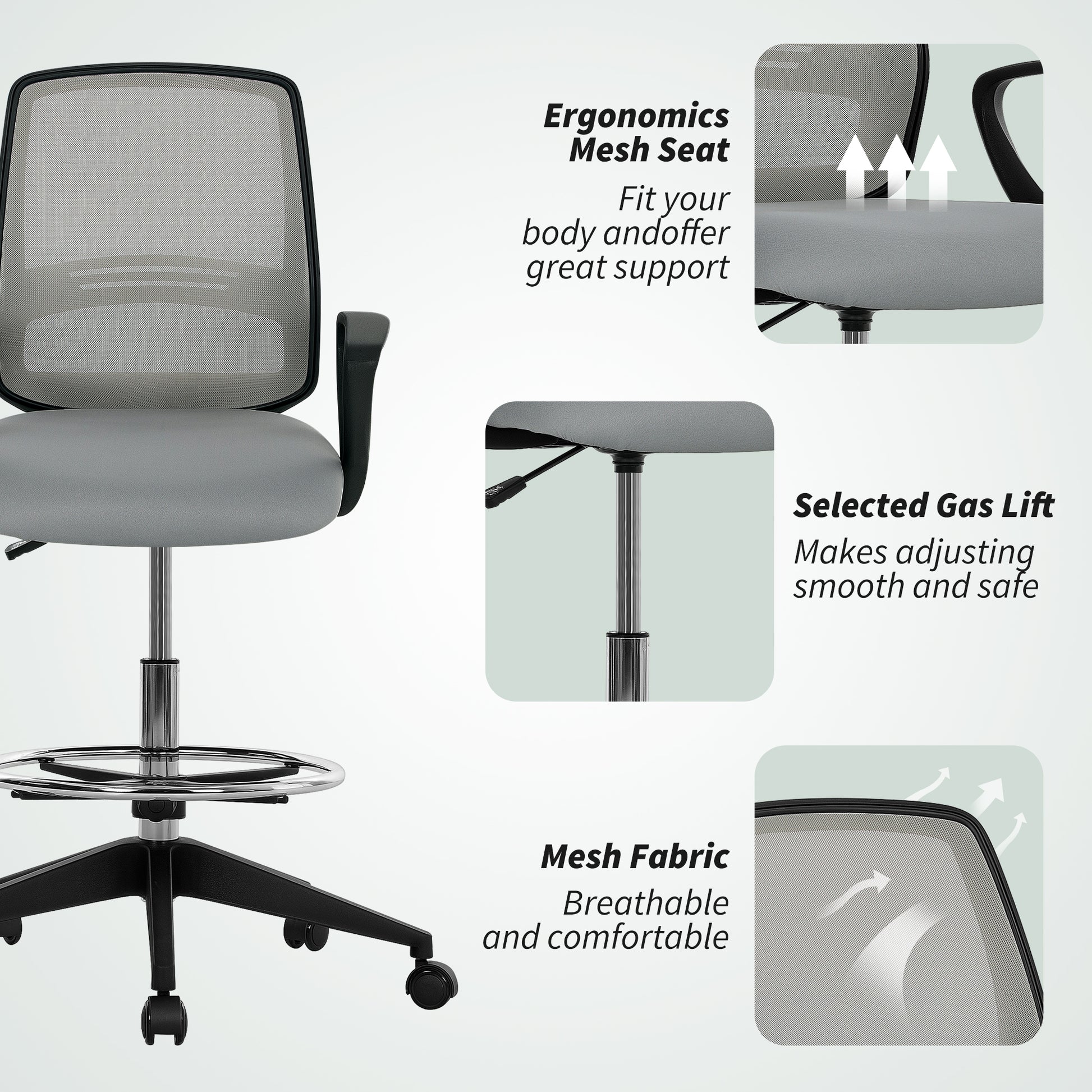 100-120cm Draughtsman Office Chair, with Footrest - Light Grey - Vinsetto image 7