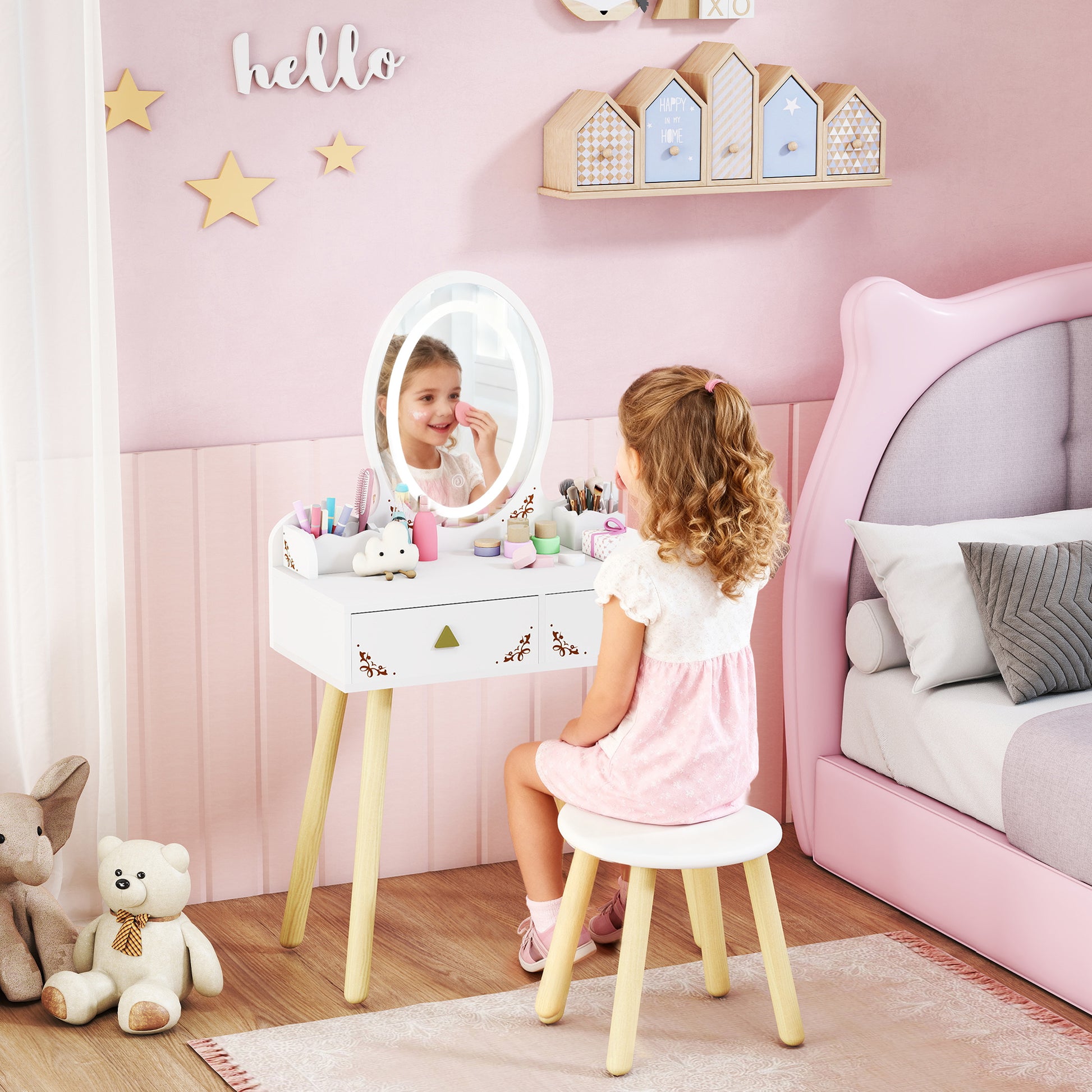 Kids Vanity Table Chair Set 3 Colour LED Lights Mirror 3 - Aiyaplay image 1