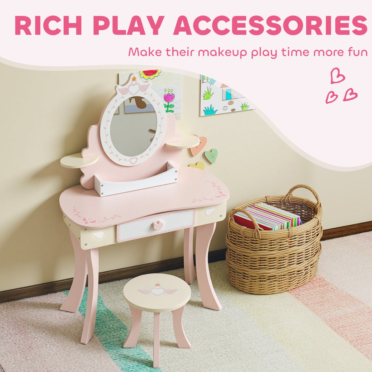Girls Vanity Set Mirror Stool 7 Play Accessories Pink - Aiyaplay image 4