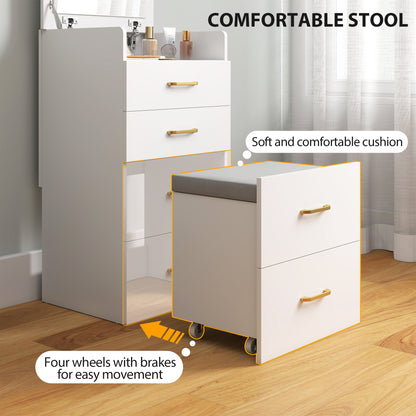 3 in 1 Dressing Table Fliptop Mirror Rolling Stool White - Homcom image 4