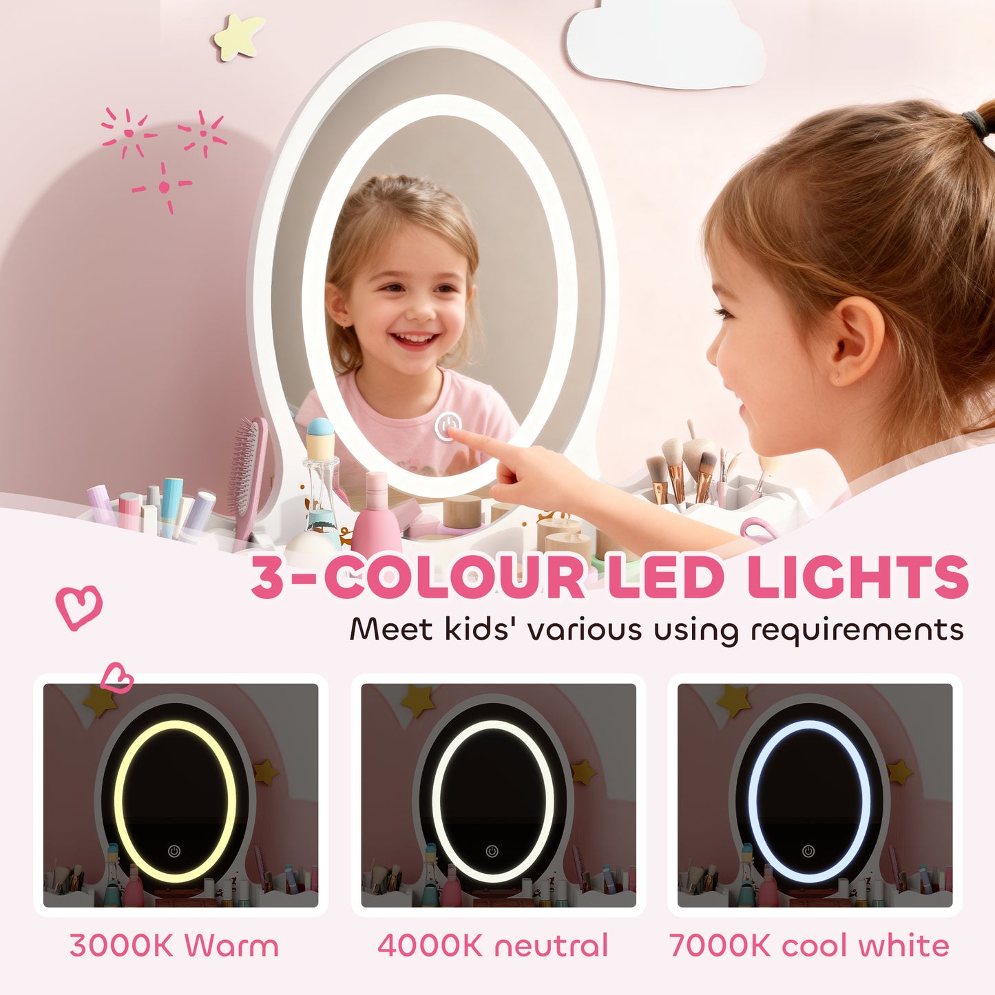 Kids Vanity Table Chair Set 3 Colour LED Lights Mirror 3 - Aiyaplay image 3