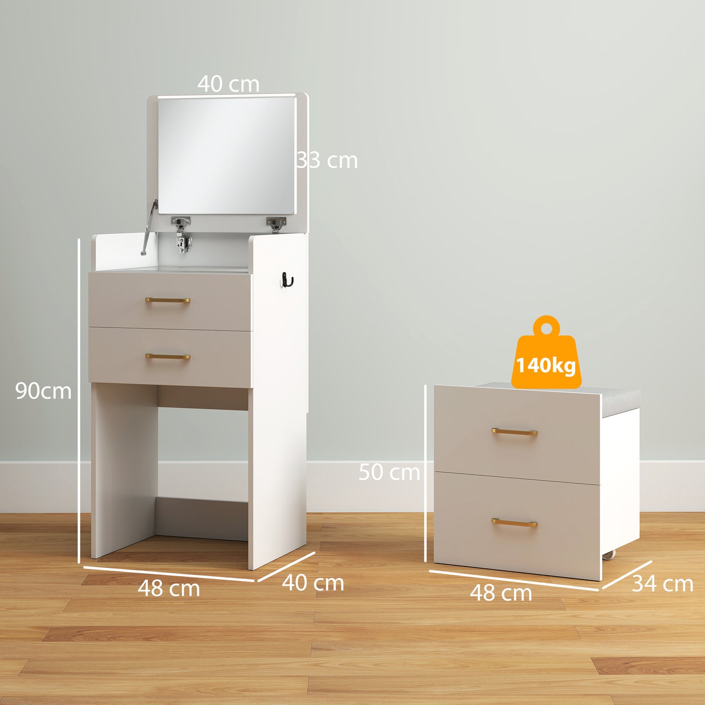 3 in 1 Dressing Table Fliptop Mirror Rolling Stool White - Homcom image 2