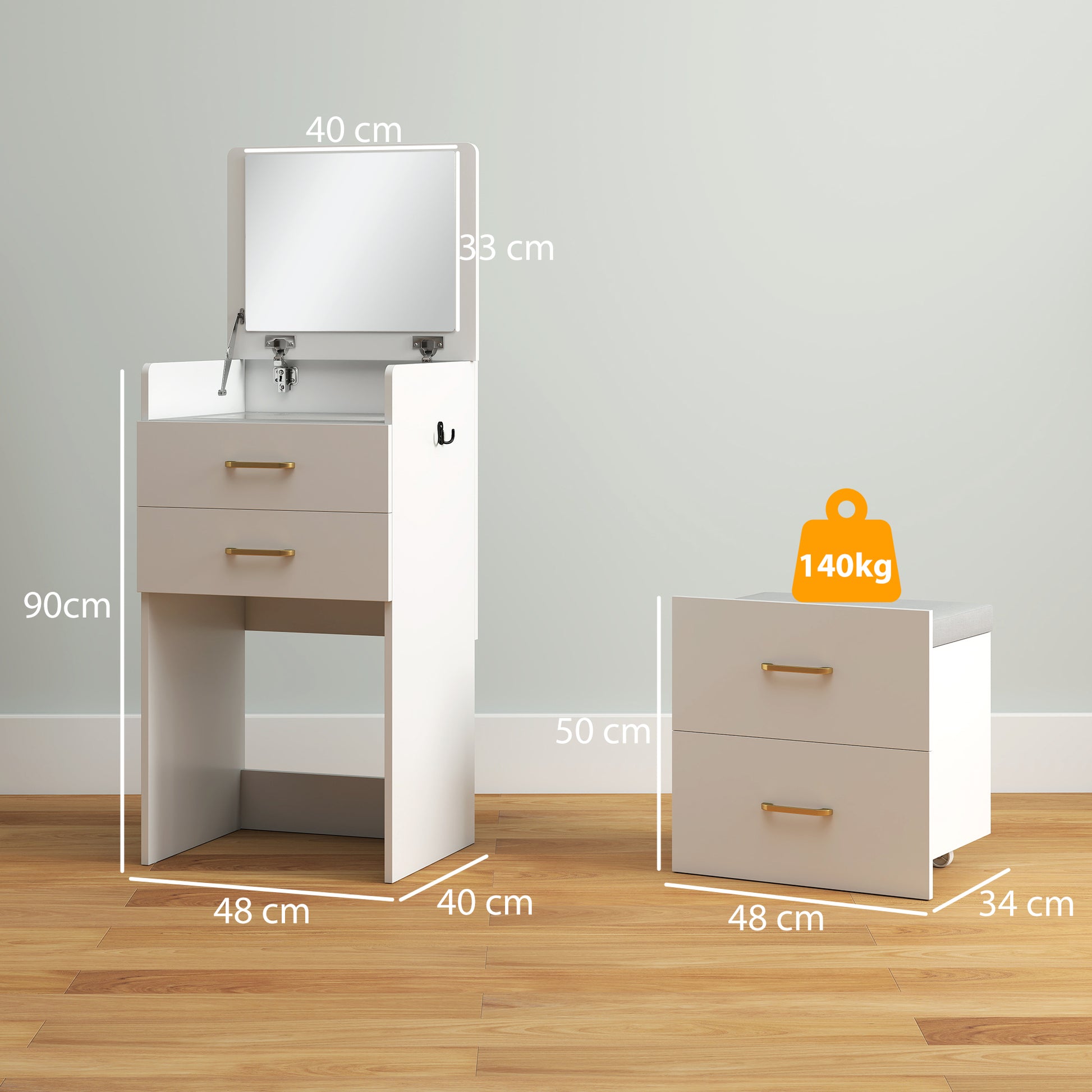 3 in 1 Dressing Table Fliptop Mirror Rolling Stool White - Homcom image 2