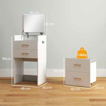 3 in 1 Dressing Table Fliptop Mirror Rolling Stool White - Homcom image 2
