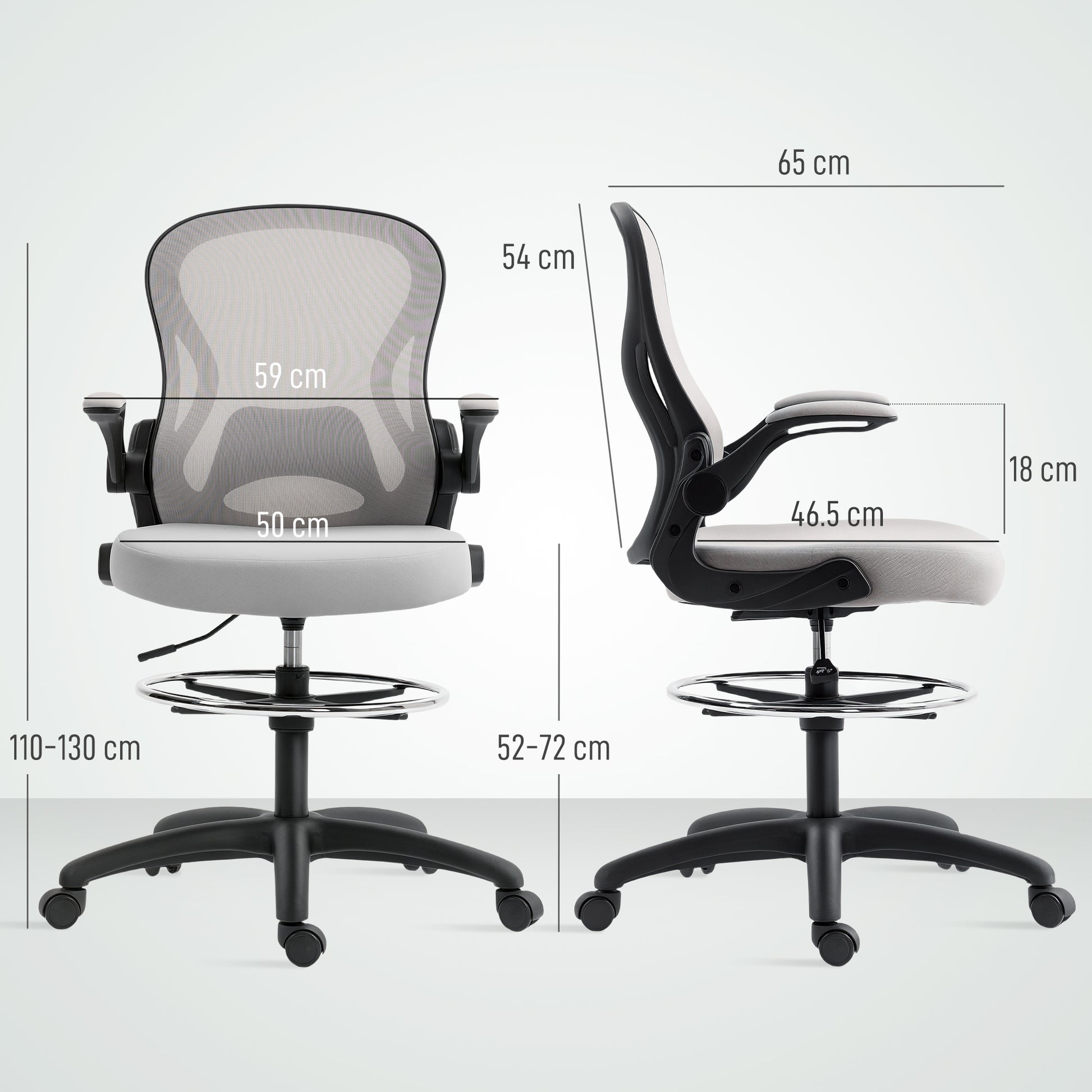 Adjustable Mesh Standing Desk Chair with Flip-up Armrests Lumbar Support Armrests Adjustable Footrest Ring Grey - Vinsetto image 2