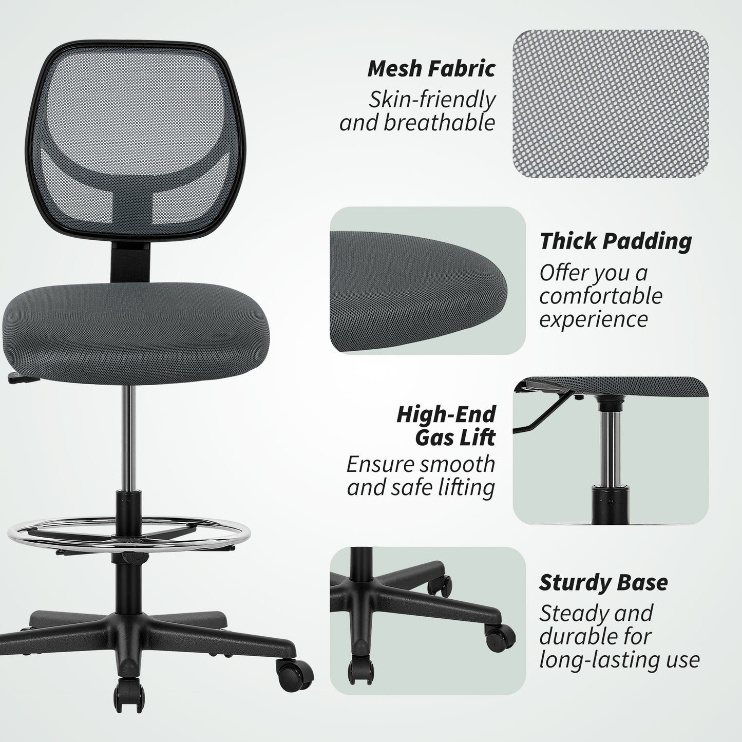 Ergonomic Mesh Standing Desk Chair Footrest Ring Seat - Vinsetto image 7