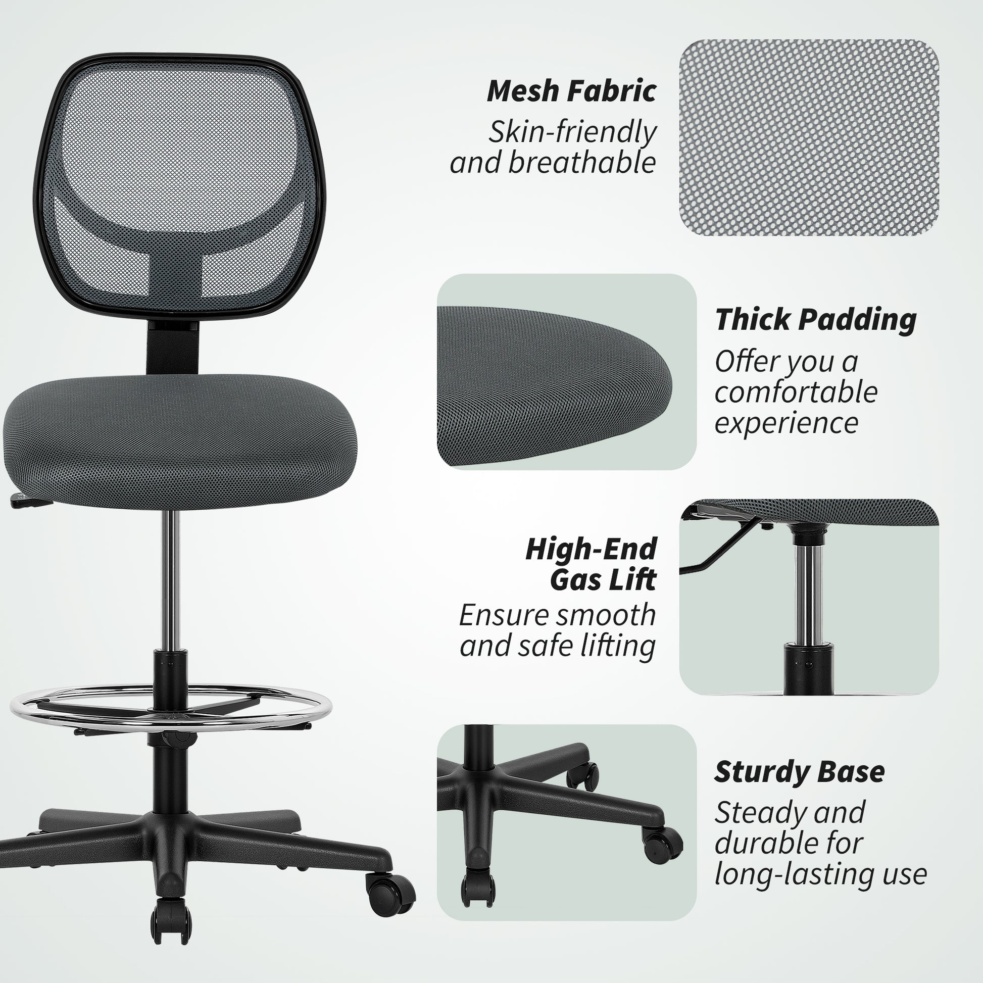 Ergonomic Mesh Standing Desk Chair Footrest Ring Seat - Vinsetto image 7