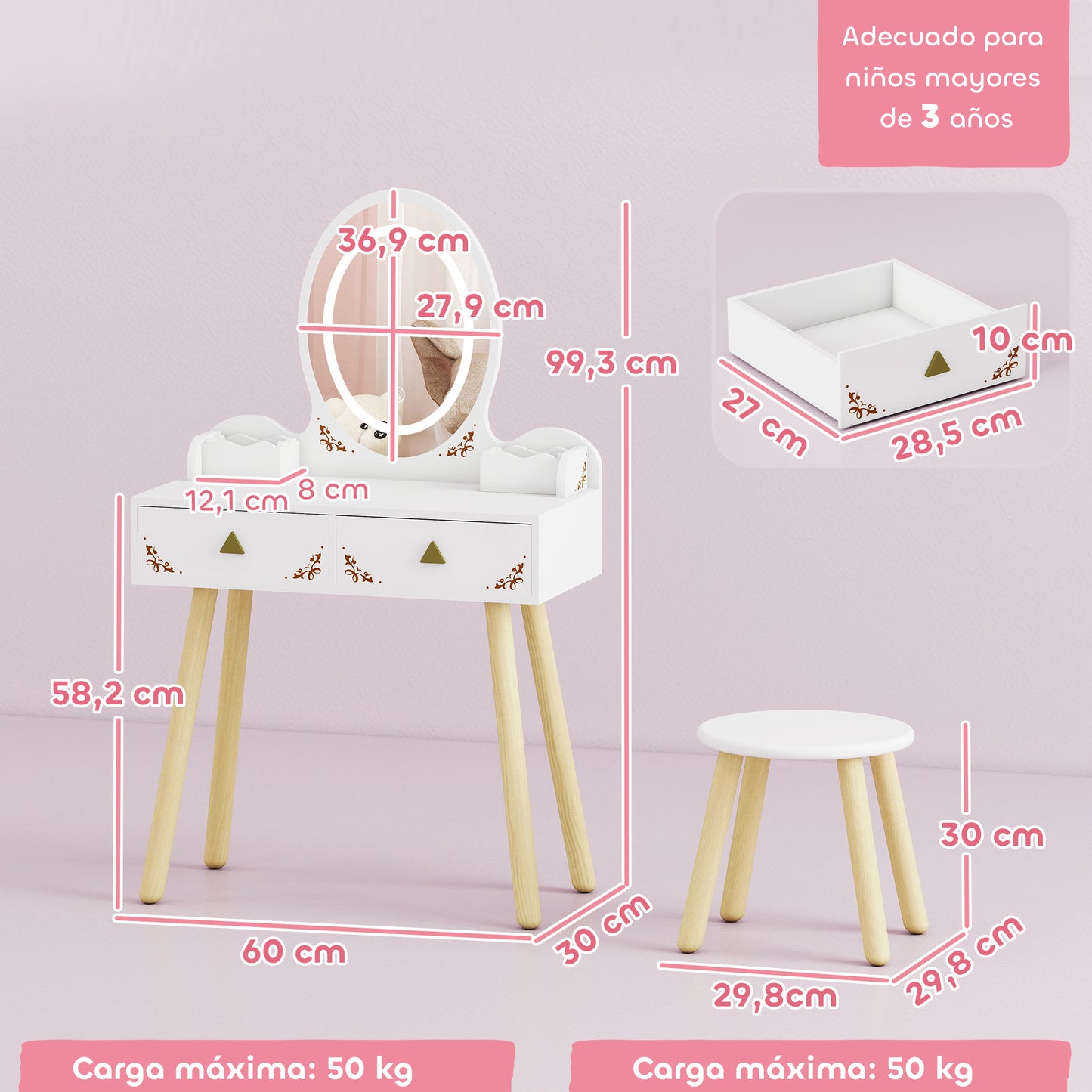 Kids Vanity Table Chair Set 3 Colour LED Lights Mirror 3 - Aiyaplay image 2