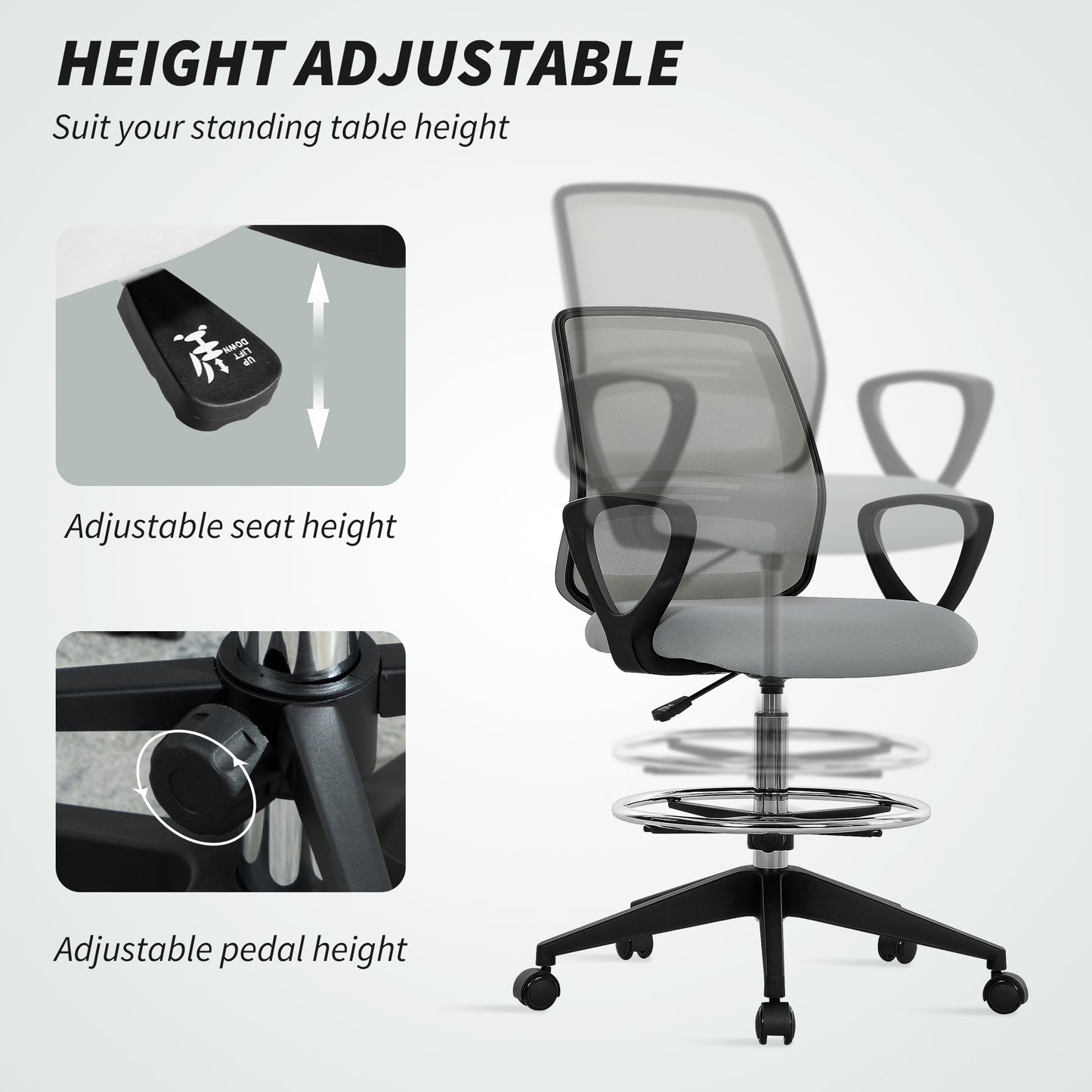 100-120cm Draughtsman Office Chair, with Footrest - Light Grey - Vinsetto image 5