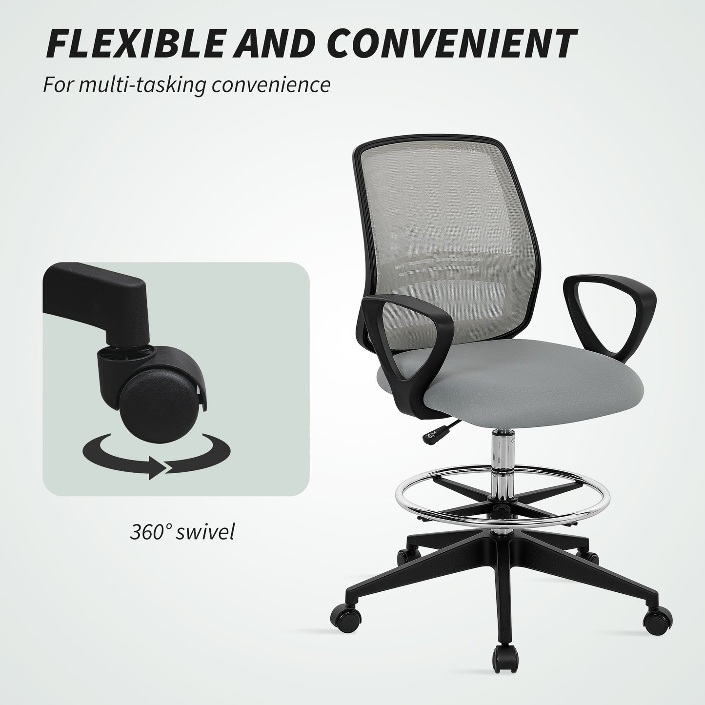 100-120cm Draughtsman Office Chair, with Footrest - Light Grey - Vinsetto image 6