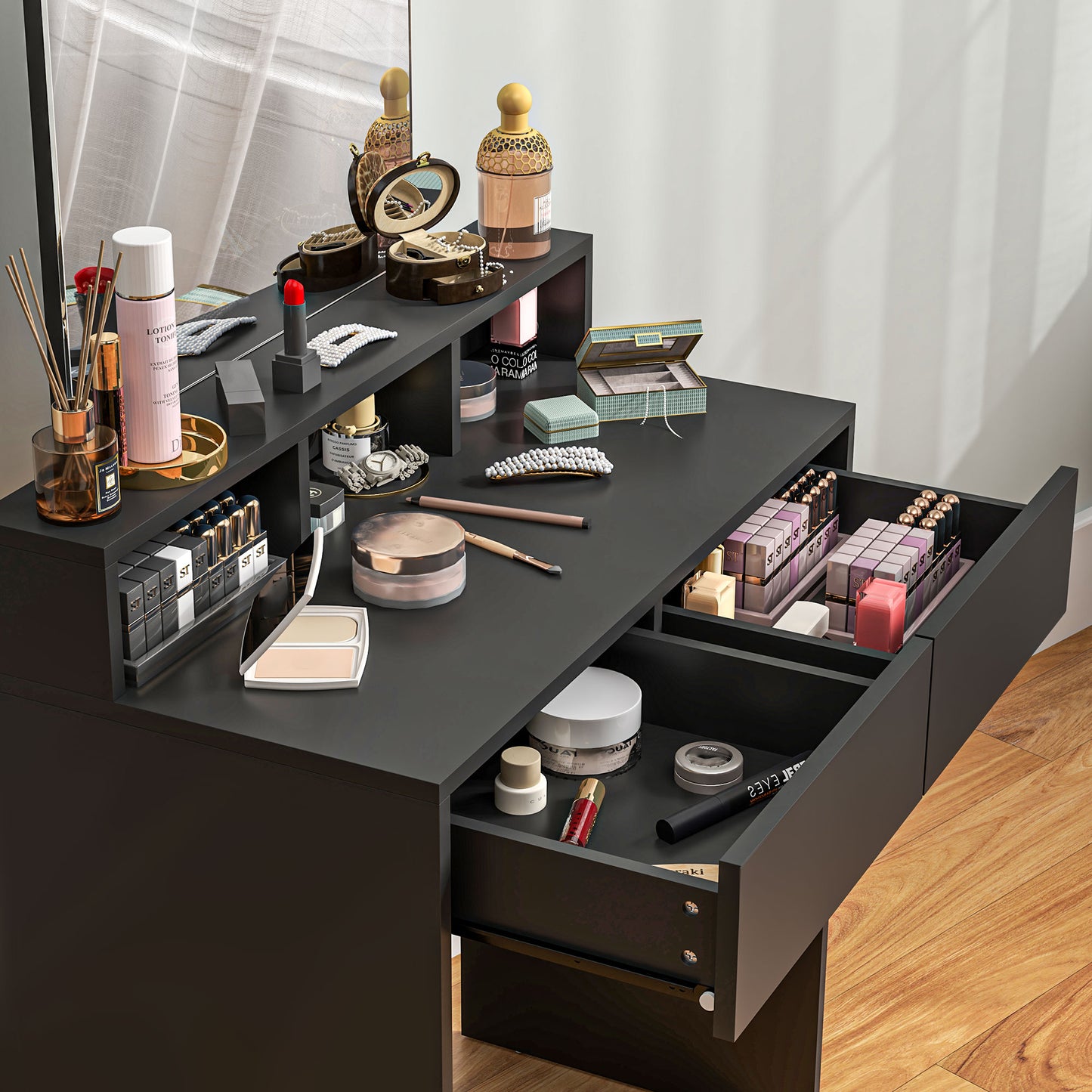 Multi Storage Dressing Table Mirror Black - Homcom image 8