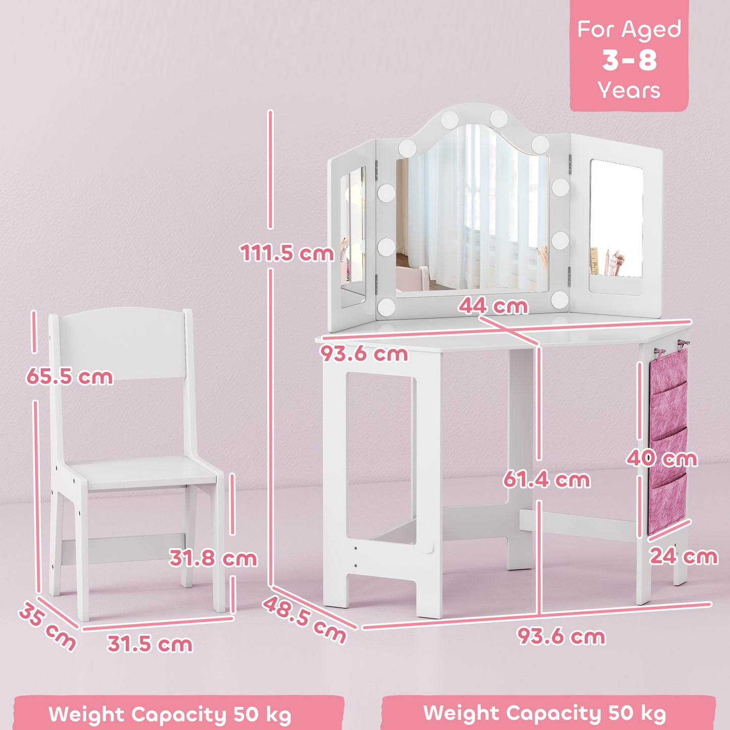Kids Dressing Table Stool Set Tri-Folding Mirror White - Aiyaplay image 2