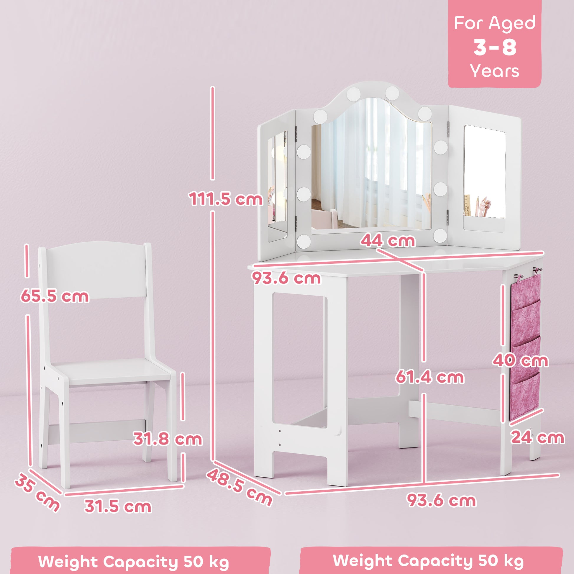 Kids Dressing Table Stool Set Tri-Folding Mirror White - Aiyaplay image 2
