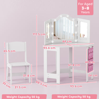 Kids Dressing Table Stool Set Tri-Folding Mirror White - Aiyaplay image 2