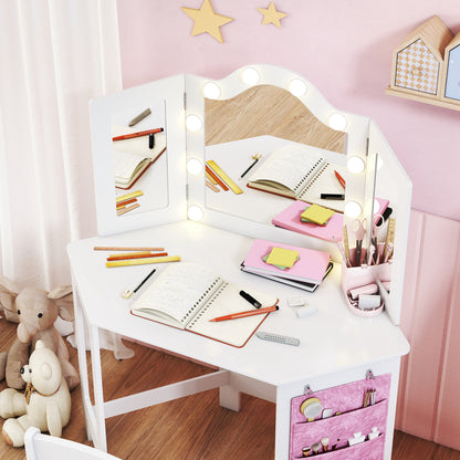 Kids Dressing Table Stool Set Tri-Folding Mirror White - Aiyaplay image 8
