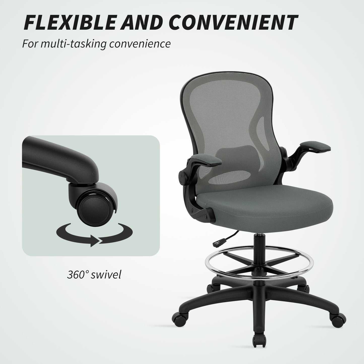 Draughtsman Chair with Flip up Armrests Charcoal Grey - Vinsetto image 7