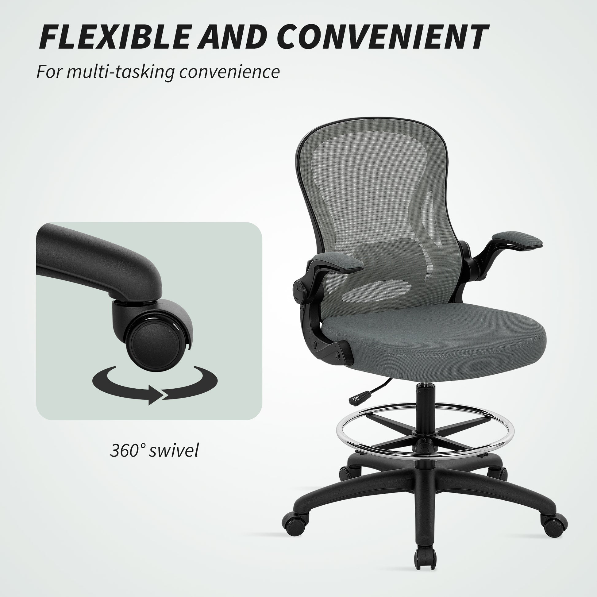 Draughtsman Chair with Flip up Armrests Charcoal Grey - Vinsetto image 7