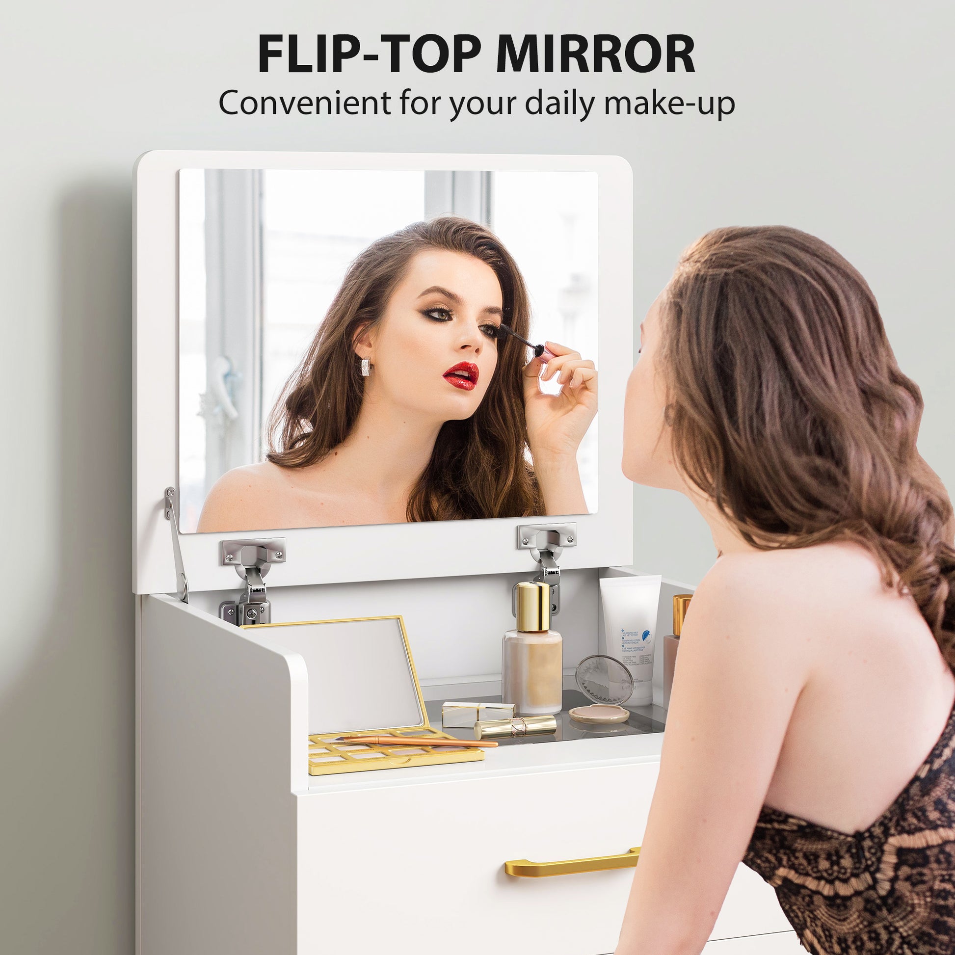 3 in 1 Dressing Table Fliptop Mirror Rolling Stool White - Homcom image 3
