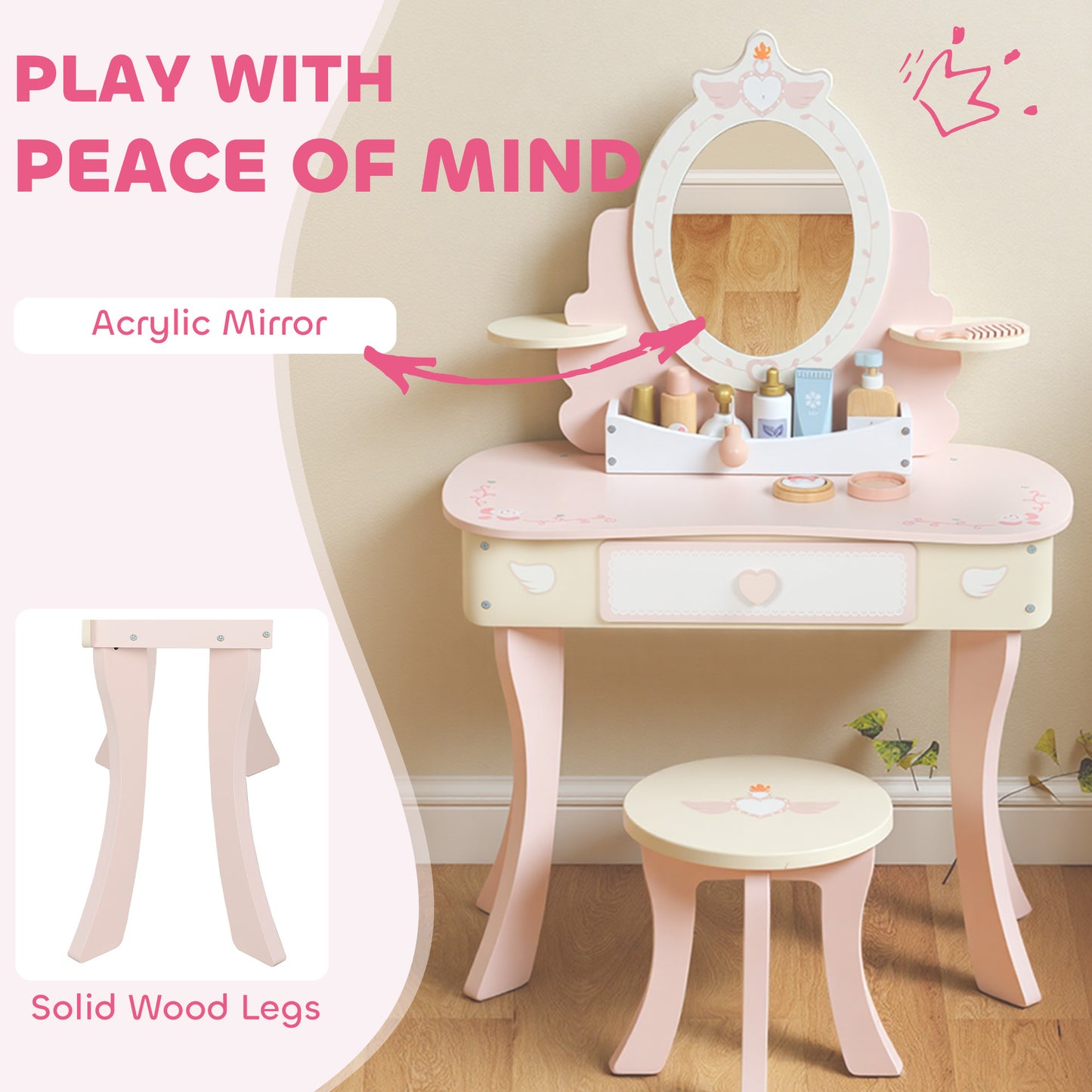 Girls Vanity Set Mirror Stool 7 Play Accessories Pink - Aiyaplay image 6