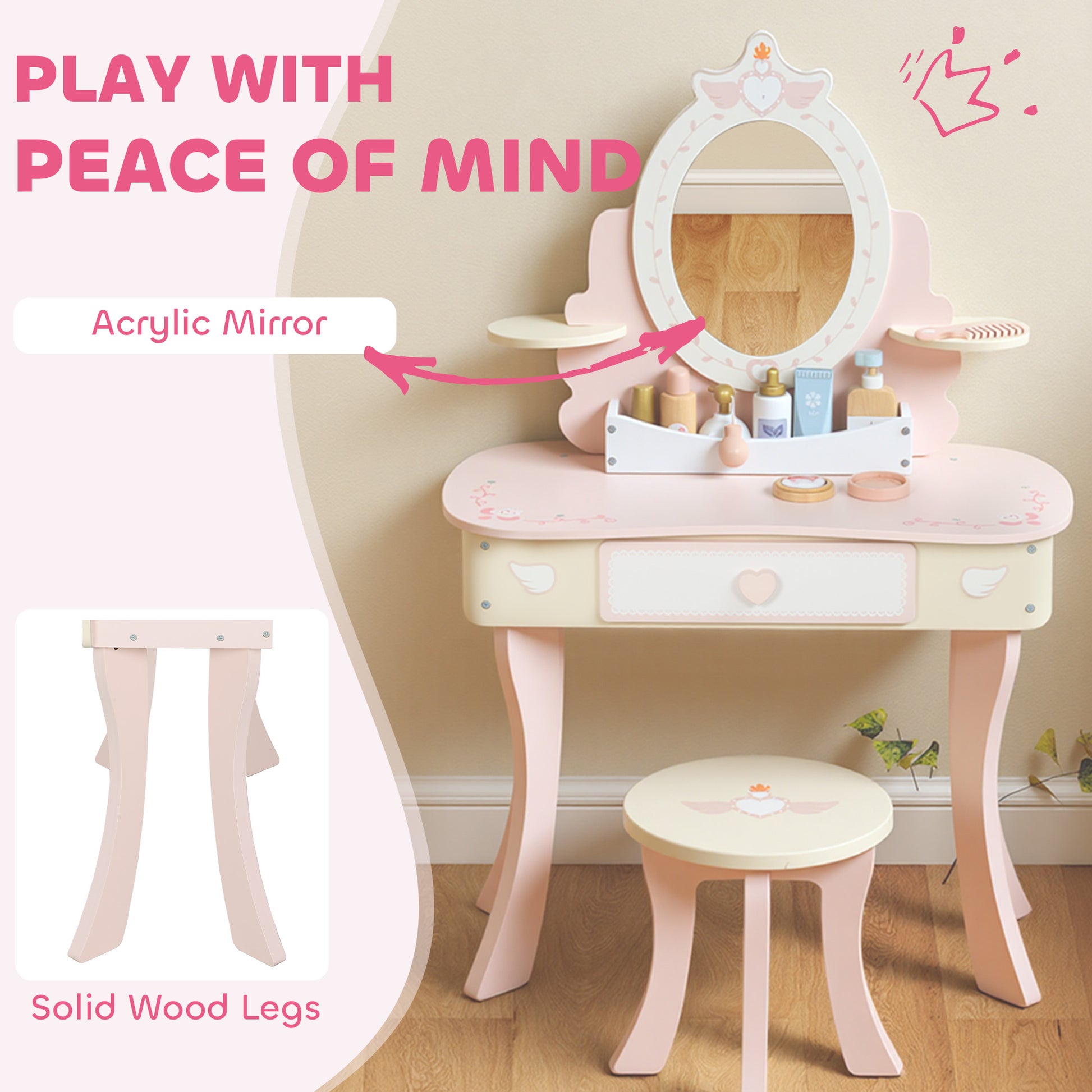 Girls Vanity Set Mirror Stool 7 Play Accessories Pink - Aiyaplay image 6