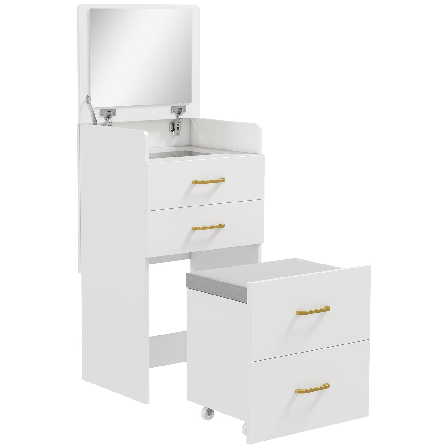 3 in 1 Dressing Table Fliptop Mirror Rolling Stool White - Homcom image 0