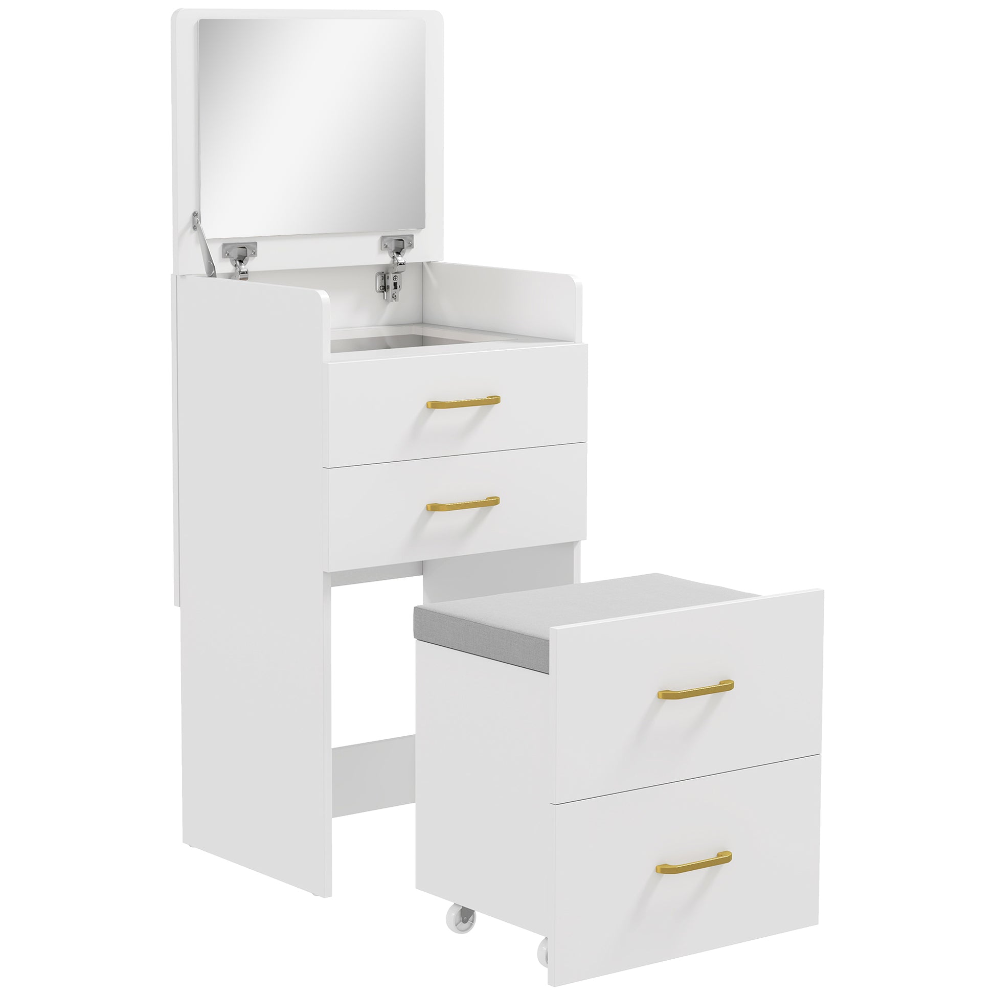 3 in 1 Dressing Table Fliptop Mirror Rolling Stool White - Homcom image 0