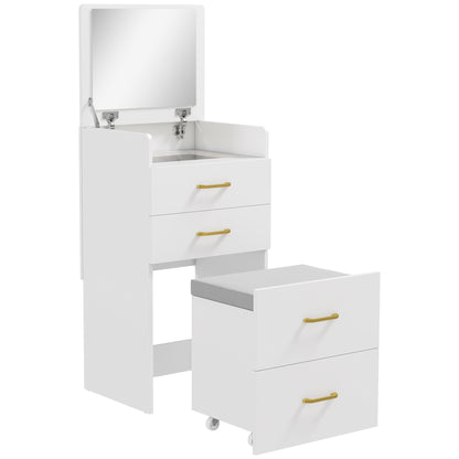 3 in 1 Dressing Table Fliptop Mirror Rolling Stool White - Homcom image 0