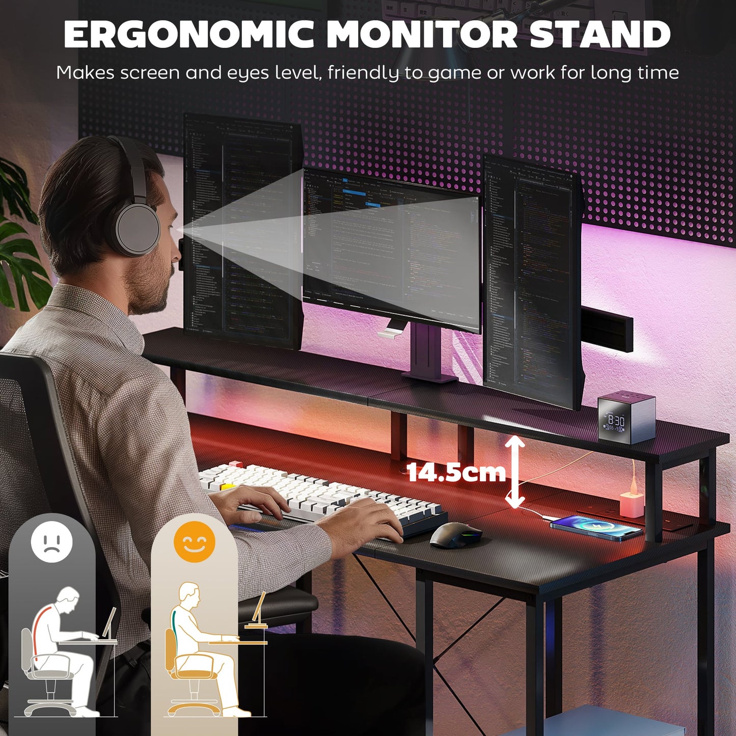 LED Computer Desk with Power Outlets Shelves Carbon Fibre - HOMCOM image 5