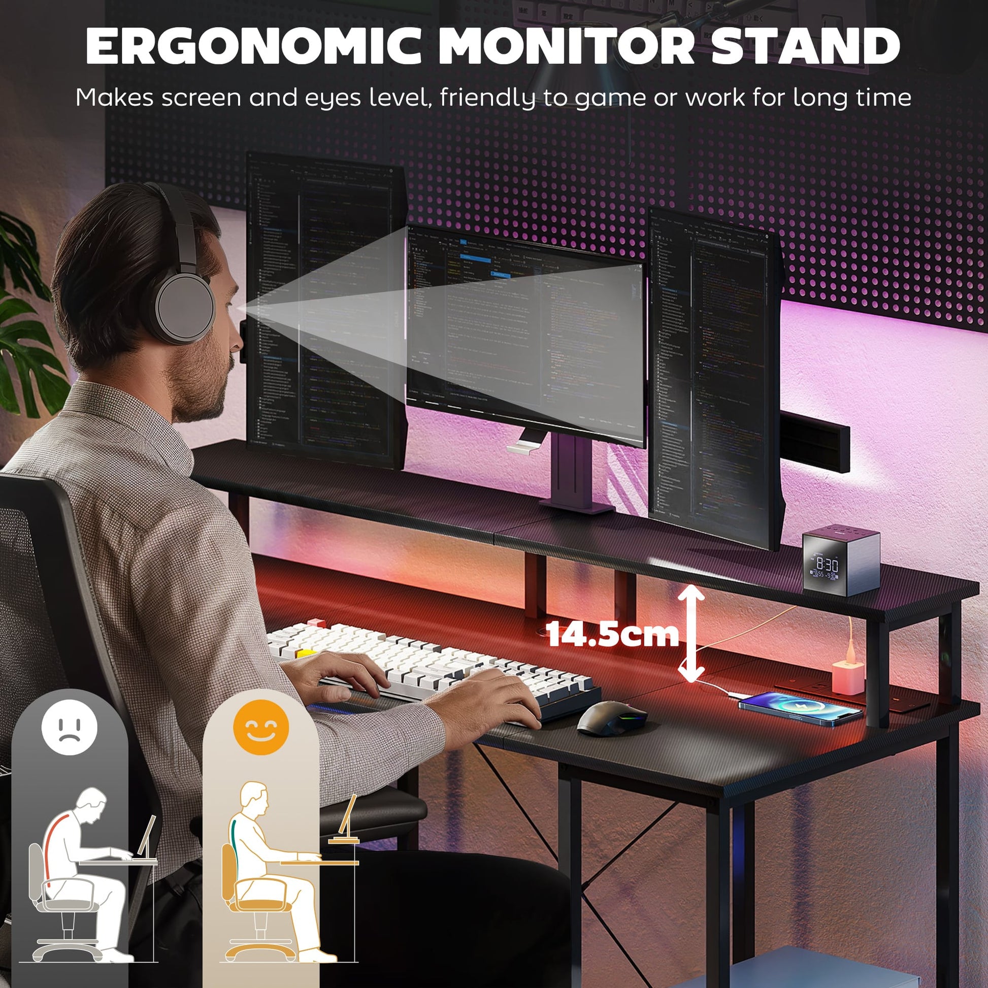 LED Computer Desk with Power Outlets Shelves Carbon Fibre - HOMCOM image 5