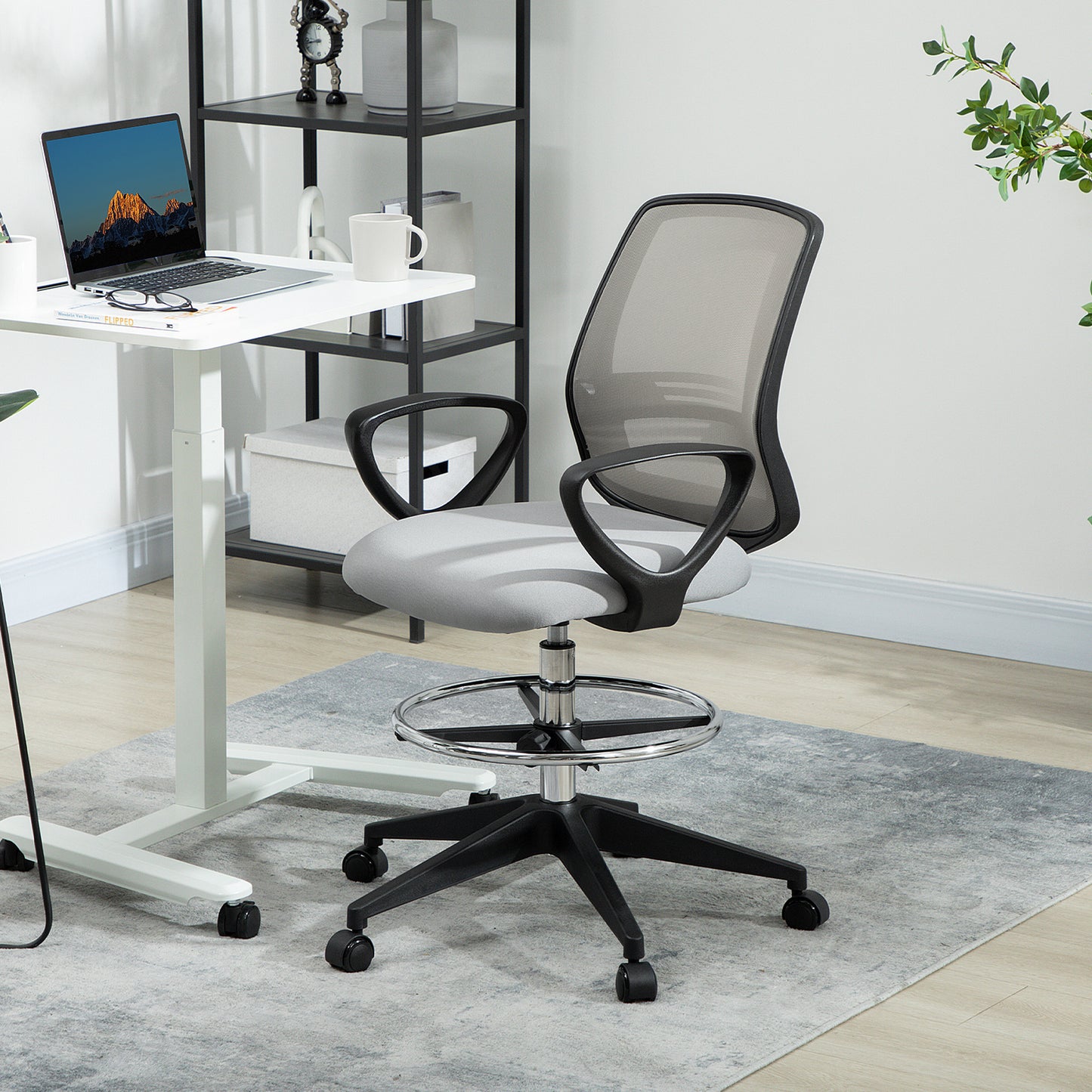 100-120cm Draughtsman Office Chair, with Footrest - Light Grey - Vinsetto image 1