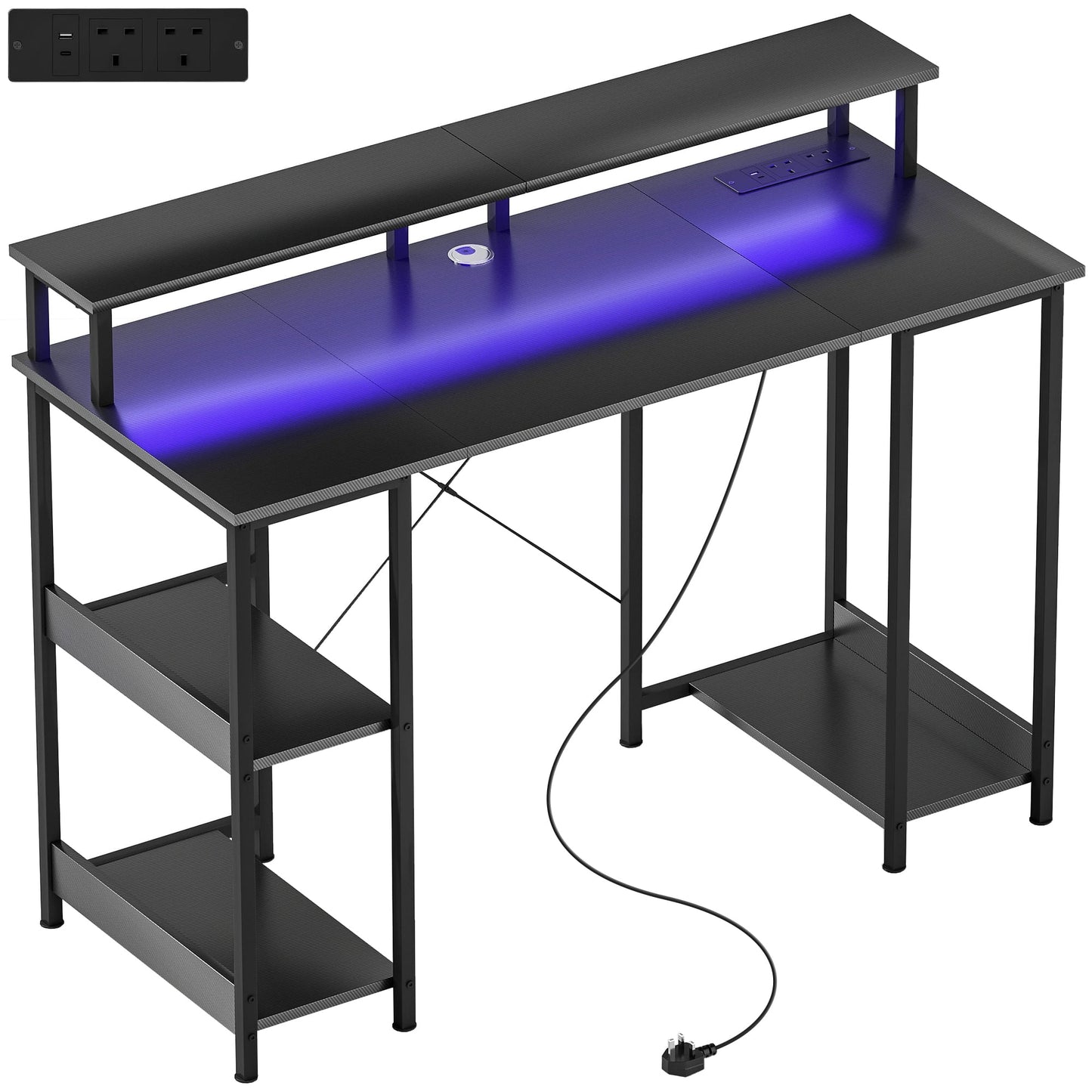 LED Computer Desk with Power Outlets Shelves Carbon Fibre - HOMCOM image 0