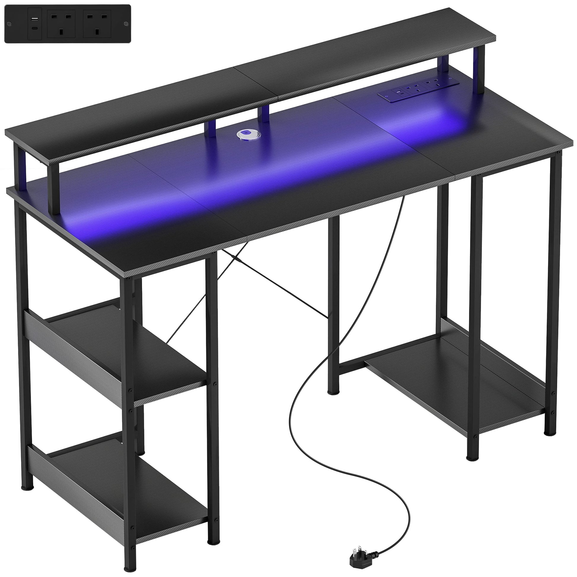 LED Computer Desk with Power Outlets Shelves Carbon Fibre - HOMCOM image 0