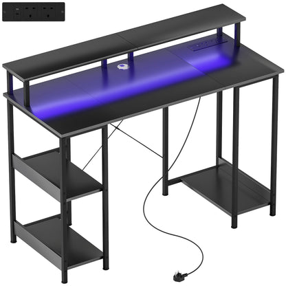 LED Computer Desk with Power Outlets Shelves Carbon Fibre - HOMCOM image 0
