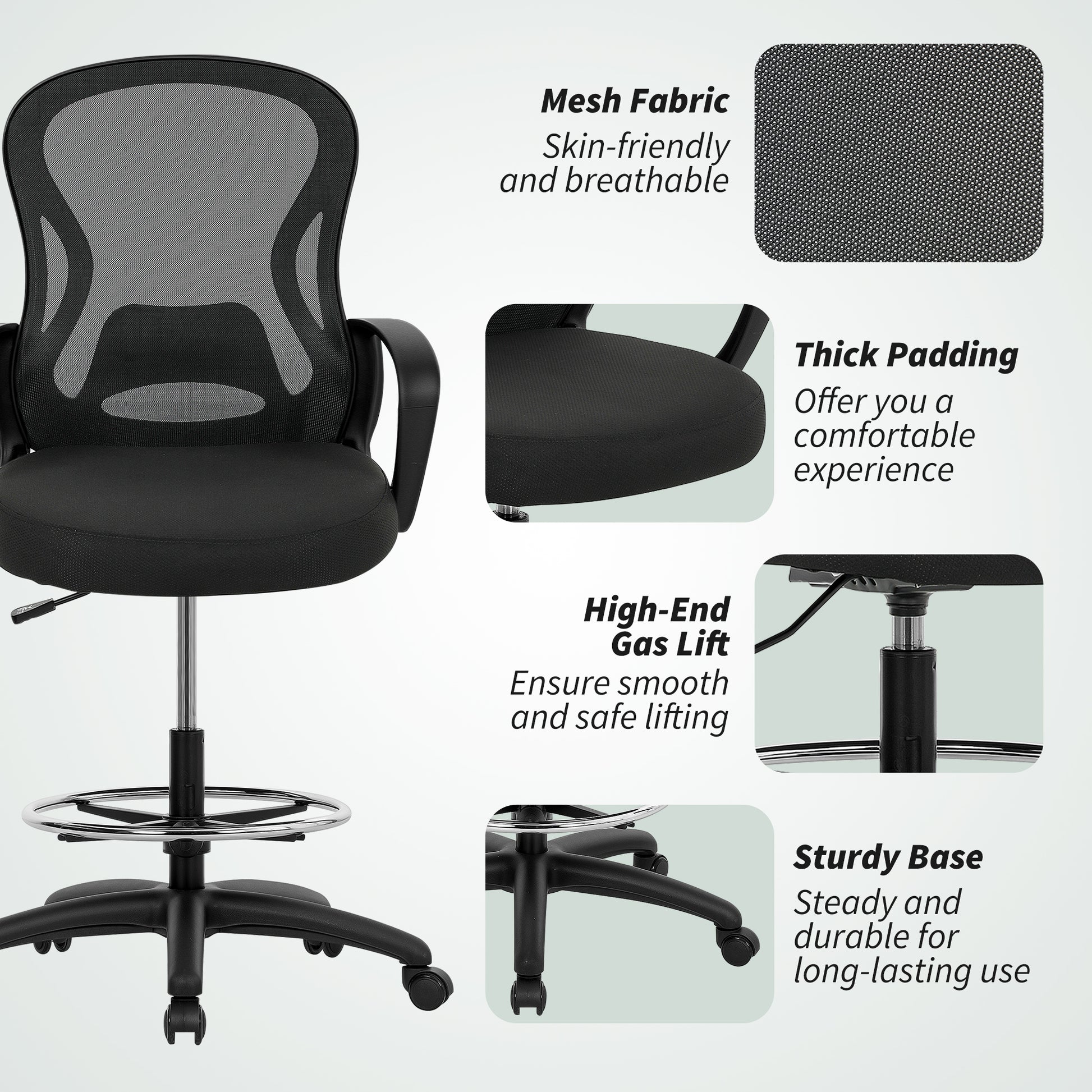 Drafting Chair with Adjustable Footrest Black - Vinsetto image 7