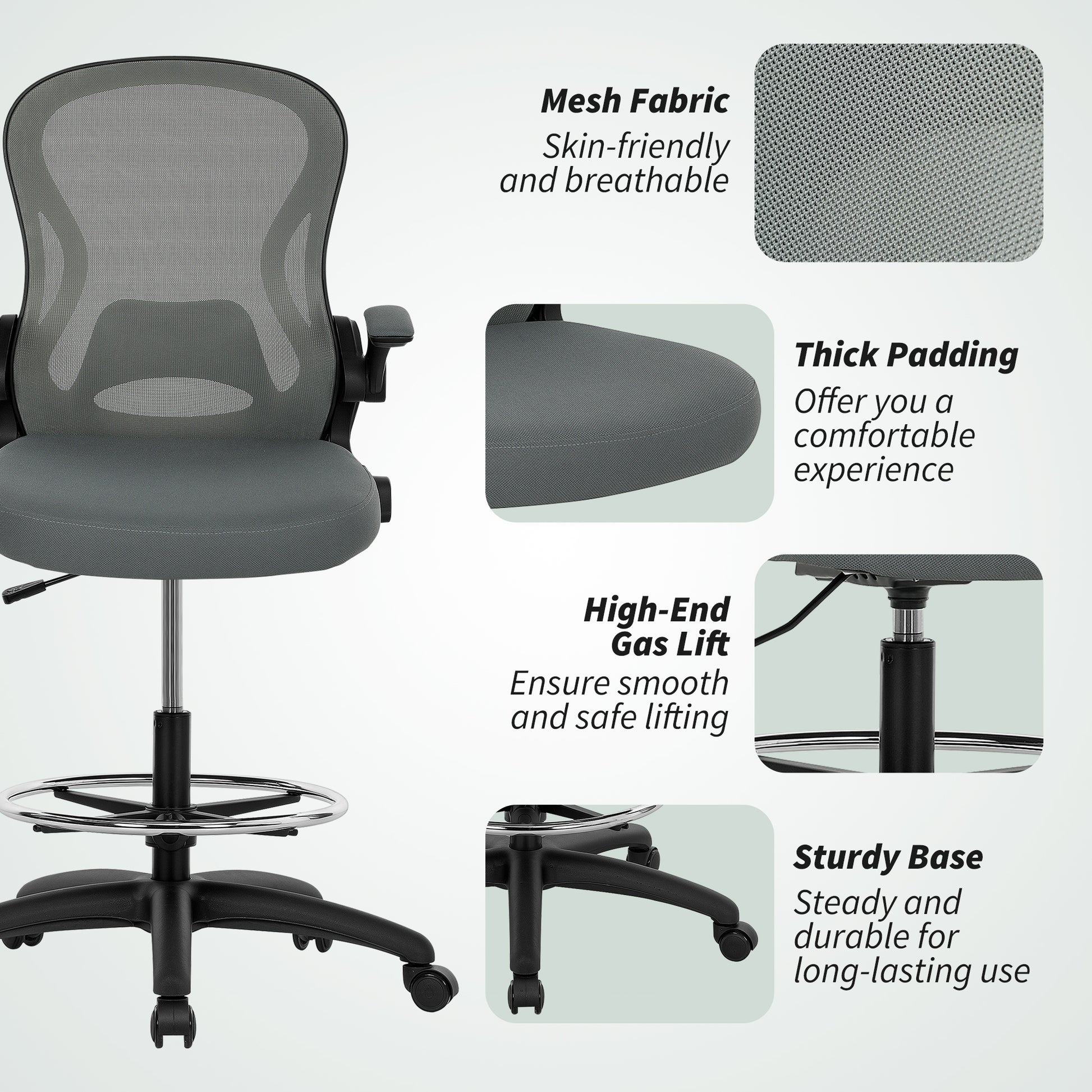 Draughtsman Chair with Flip up Armrests Charcoal Grey - Vinsetto image 8
