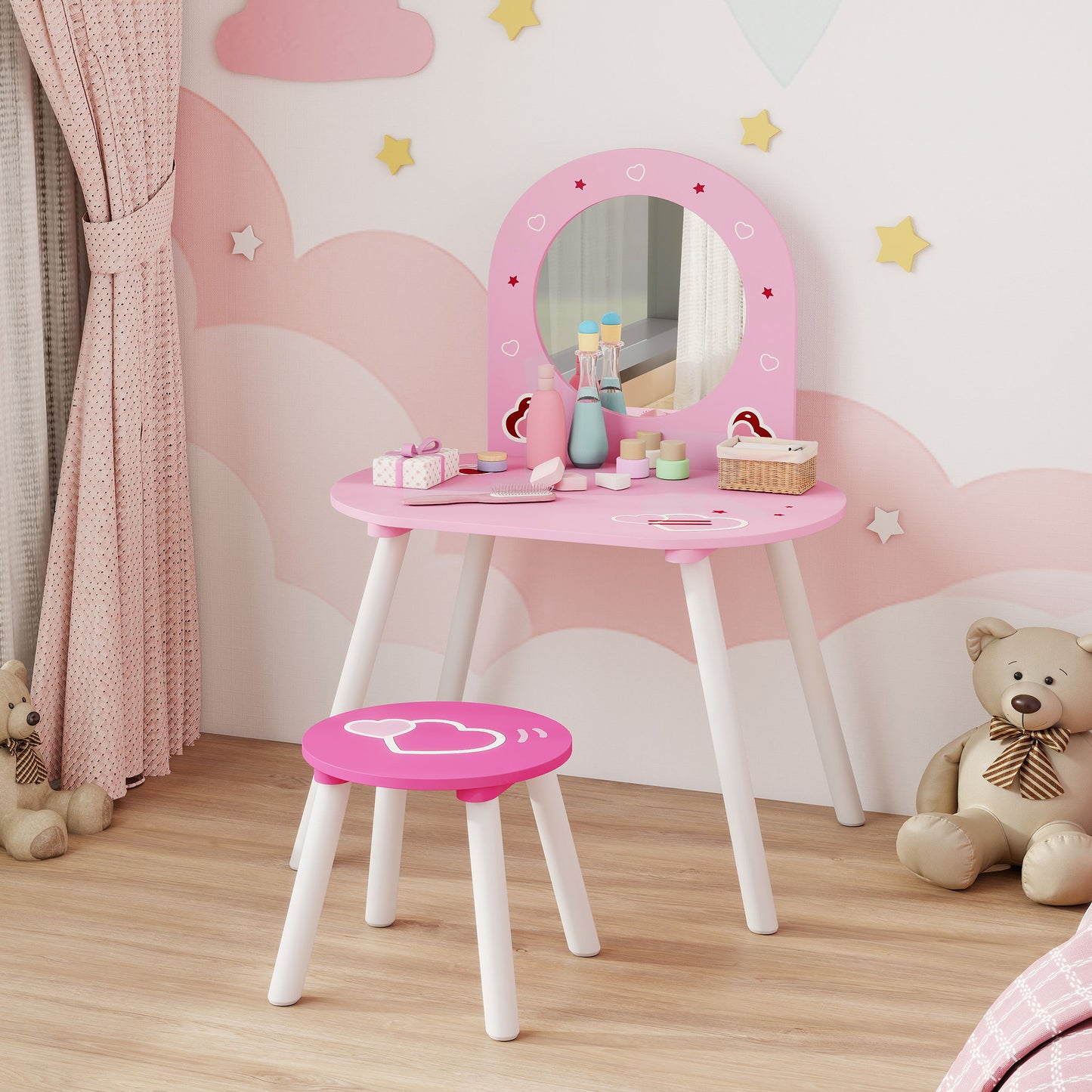 Kids Dressing Table Mirror Stool Ages 3-6 Years Pink - Aiyaplay image 7