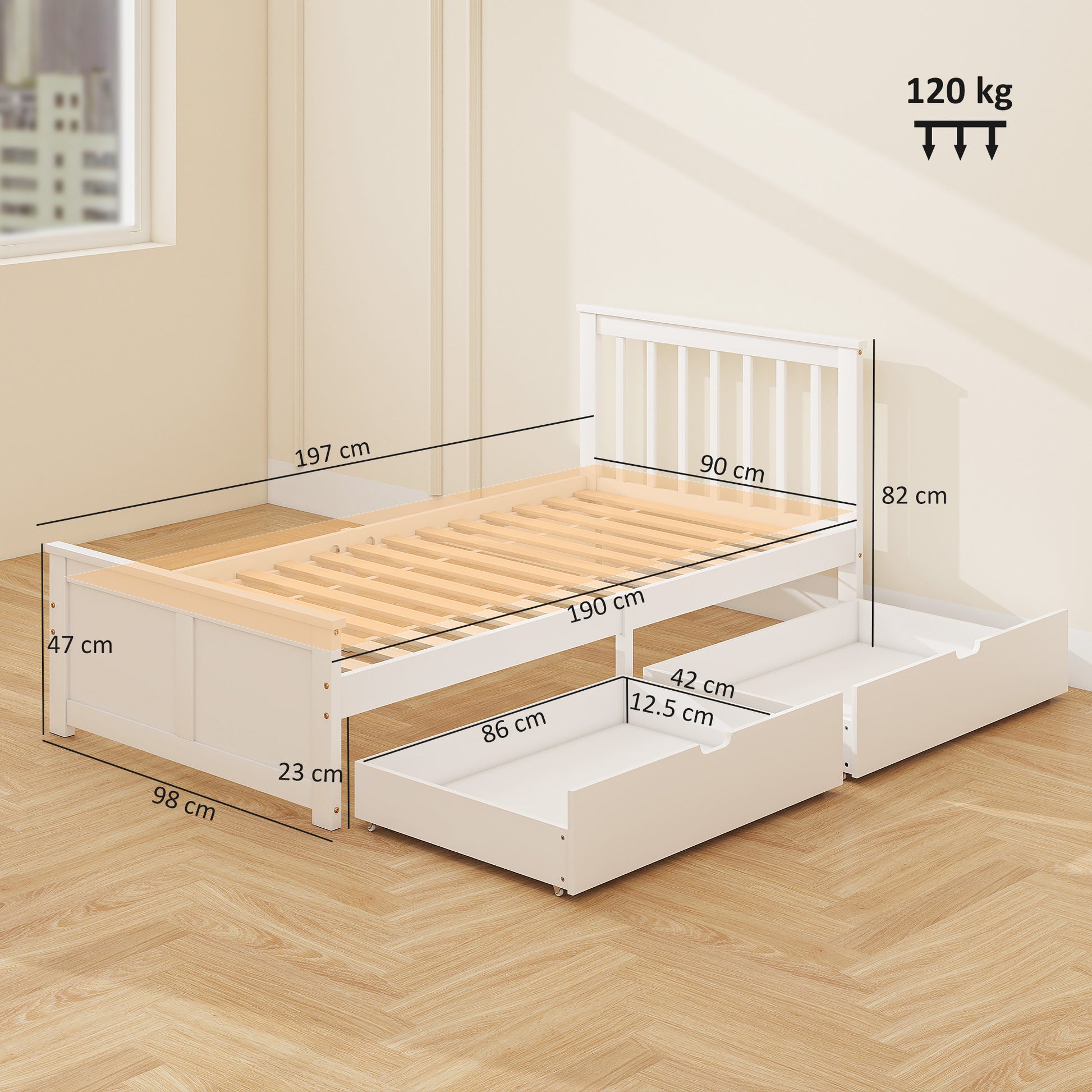 Wooden Single Bed Frame Drawers White - Homcom image 2