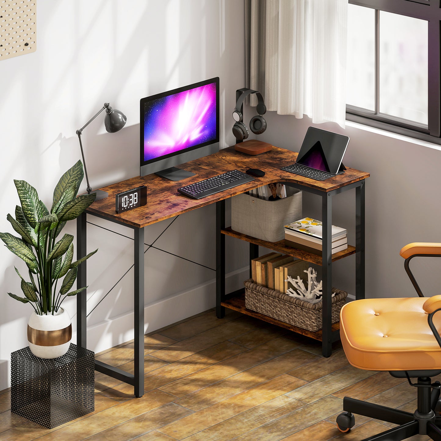 L Shaped Corner Computer Desk with Bookshelf, 120 x 73.2 x 75cm - Rustic Brown - HOMCOM image 7