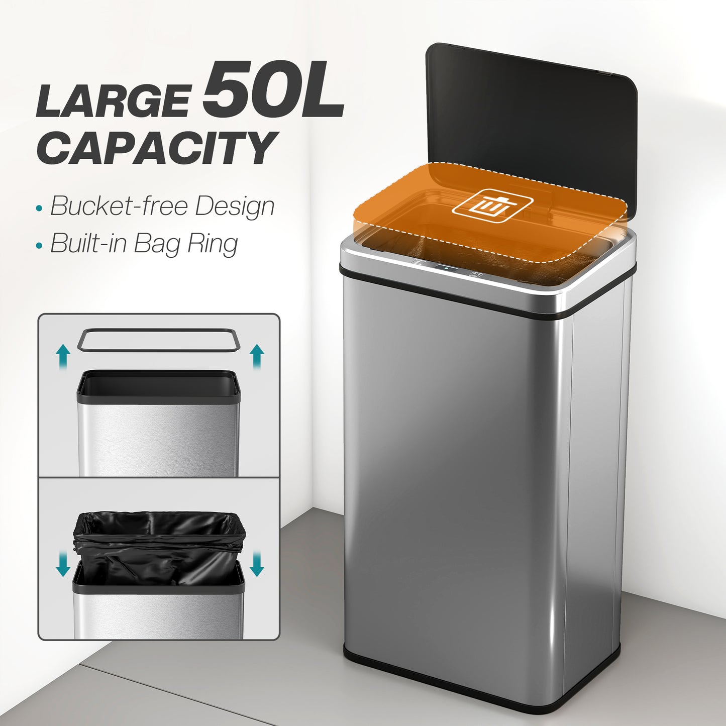 50L Sensor Bin with Quiet Soft-Close Lid - Silver Tone - HOMCOM image 4