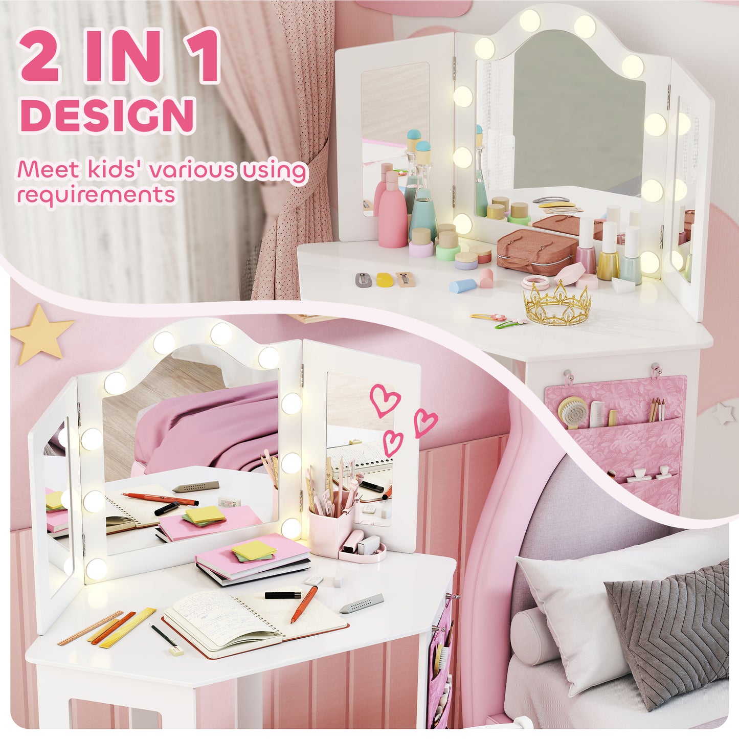 Kids Dressing Table Stool Set Tri-Folding Mirror White - Aiyaplay image 3