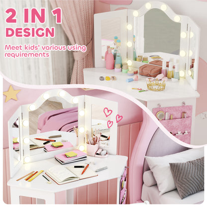 Kids Dressing Table Stool Set Tri-Folding Mirror White - Aiyaplay image 3